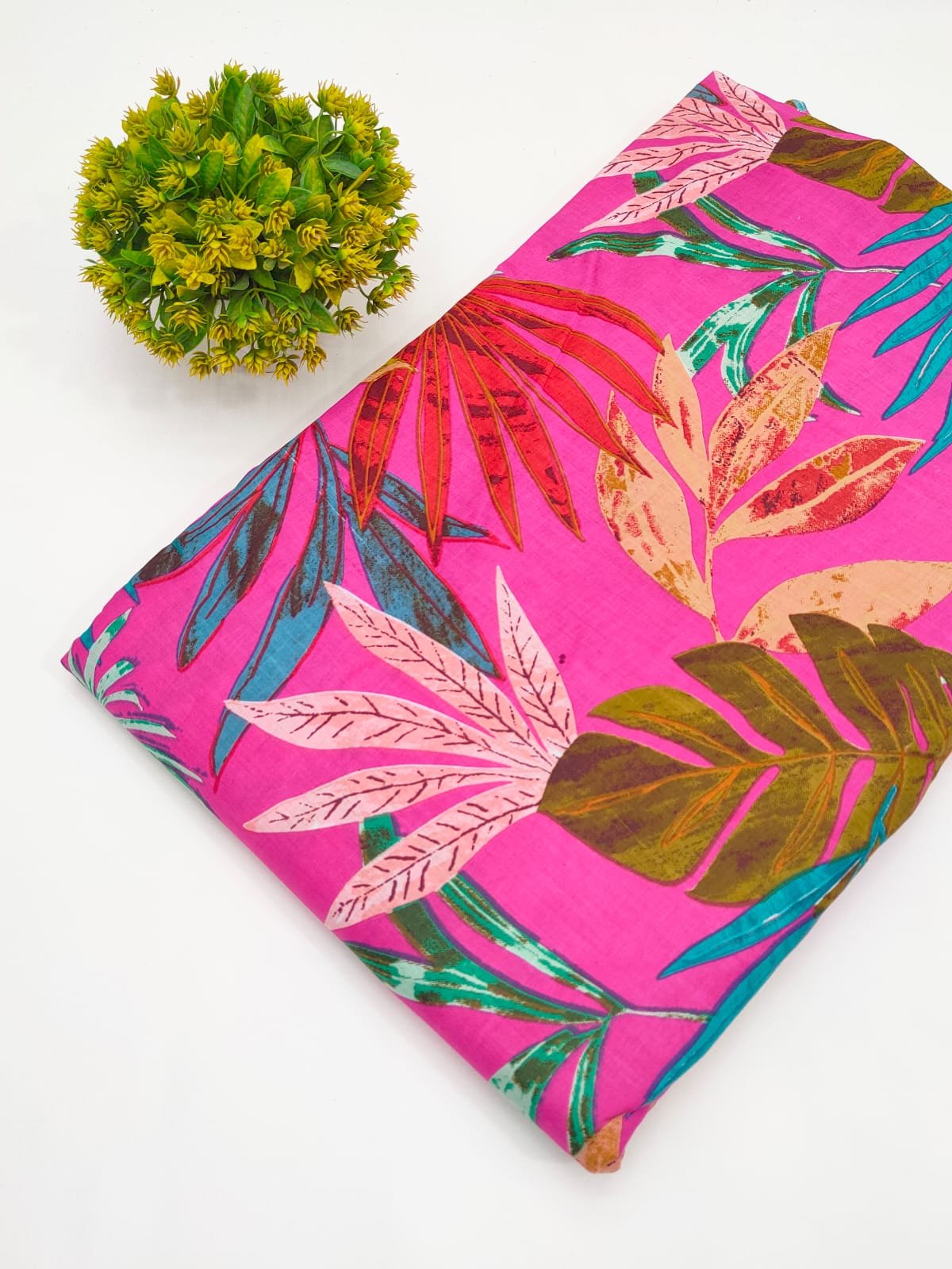 Magenta Leaf Print Screen Print Pure Cotton Fabric
