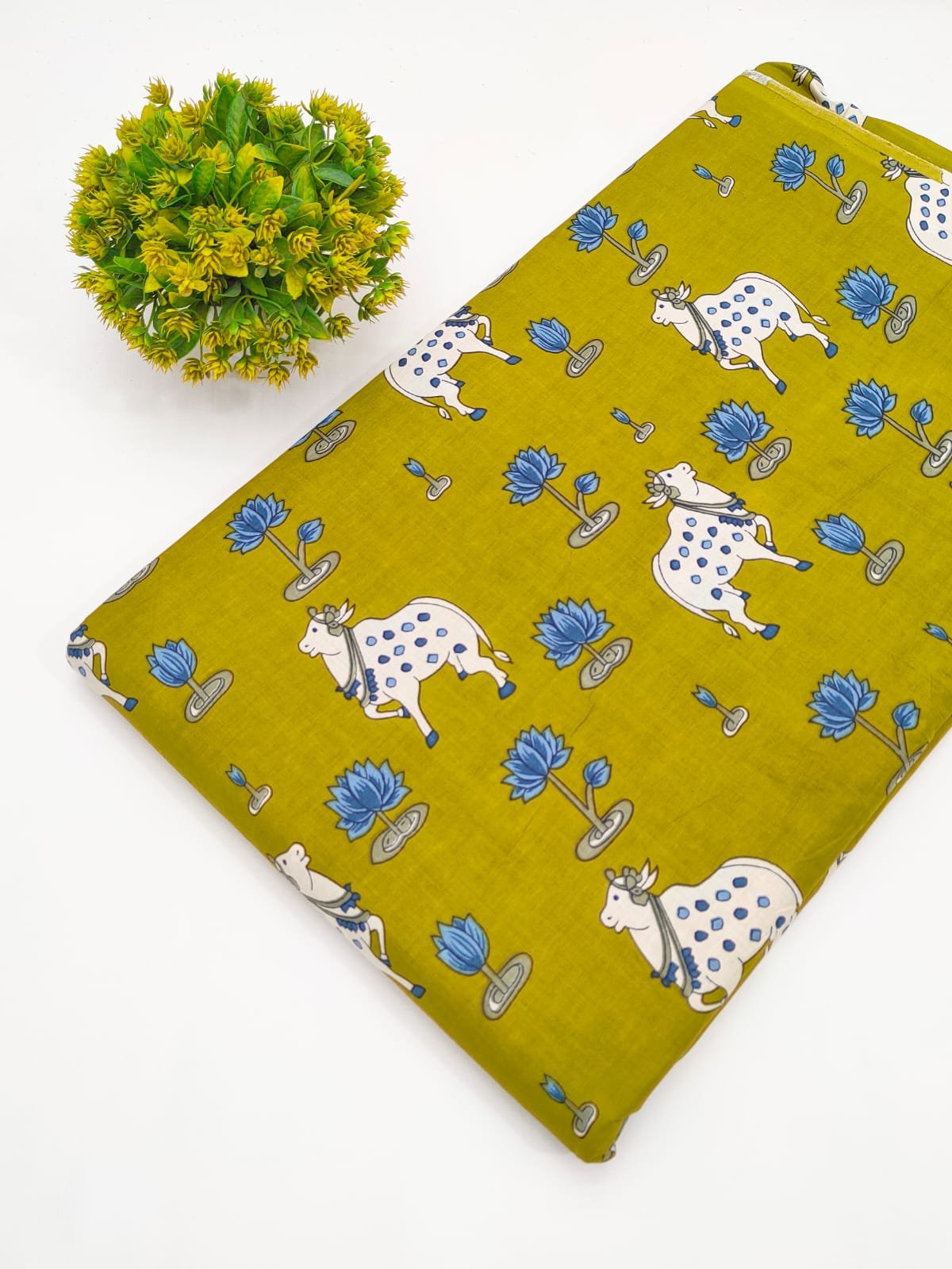 Olive Green Cow Motif Screen Print Pure Cotton Fabric