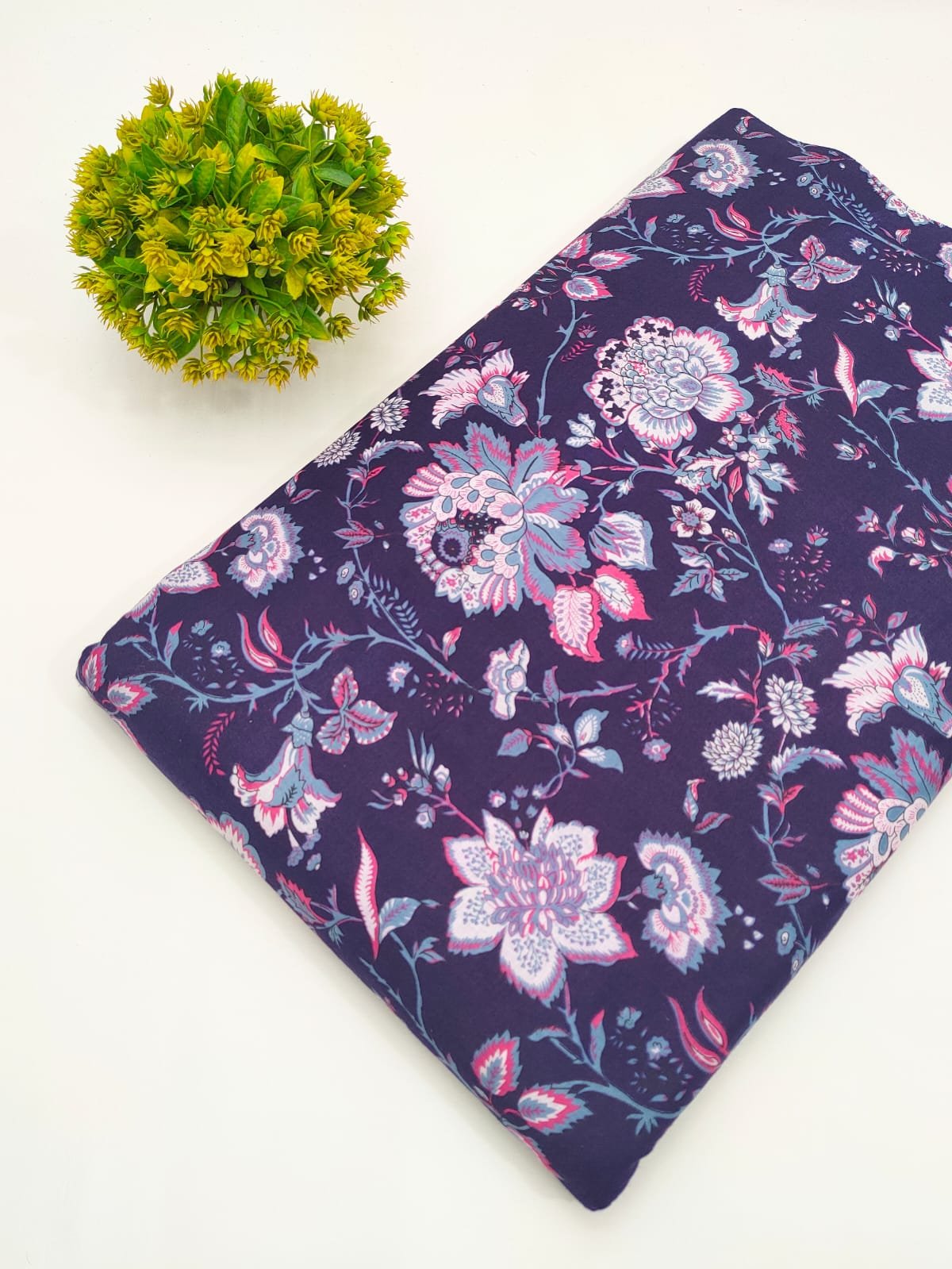 Dark Purple Floral Screen Print Pure Cotton Fabric