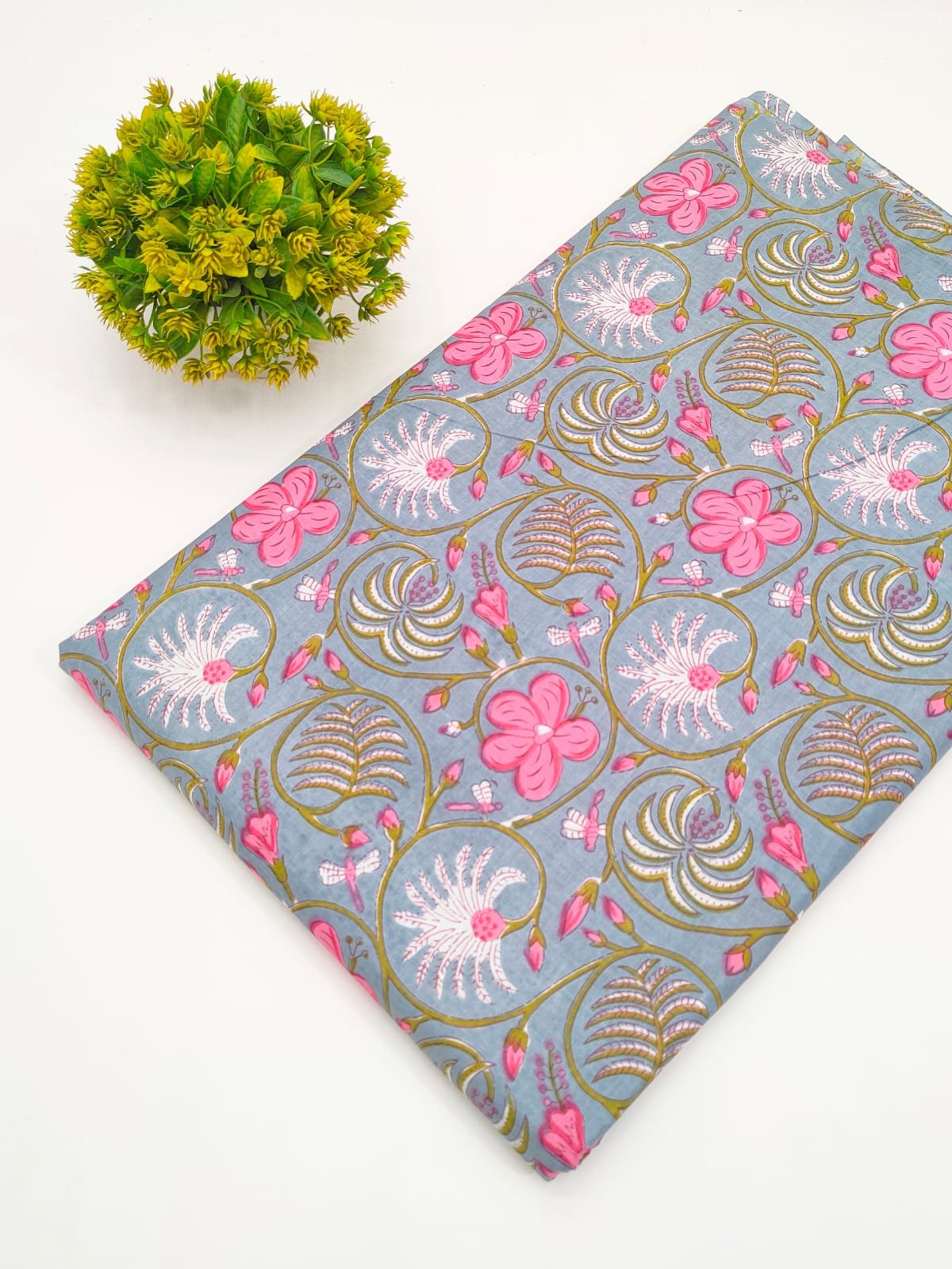 Grey Floral Screen Print Pure Cotton Fabric