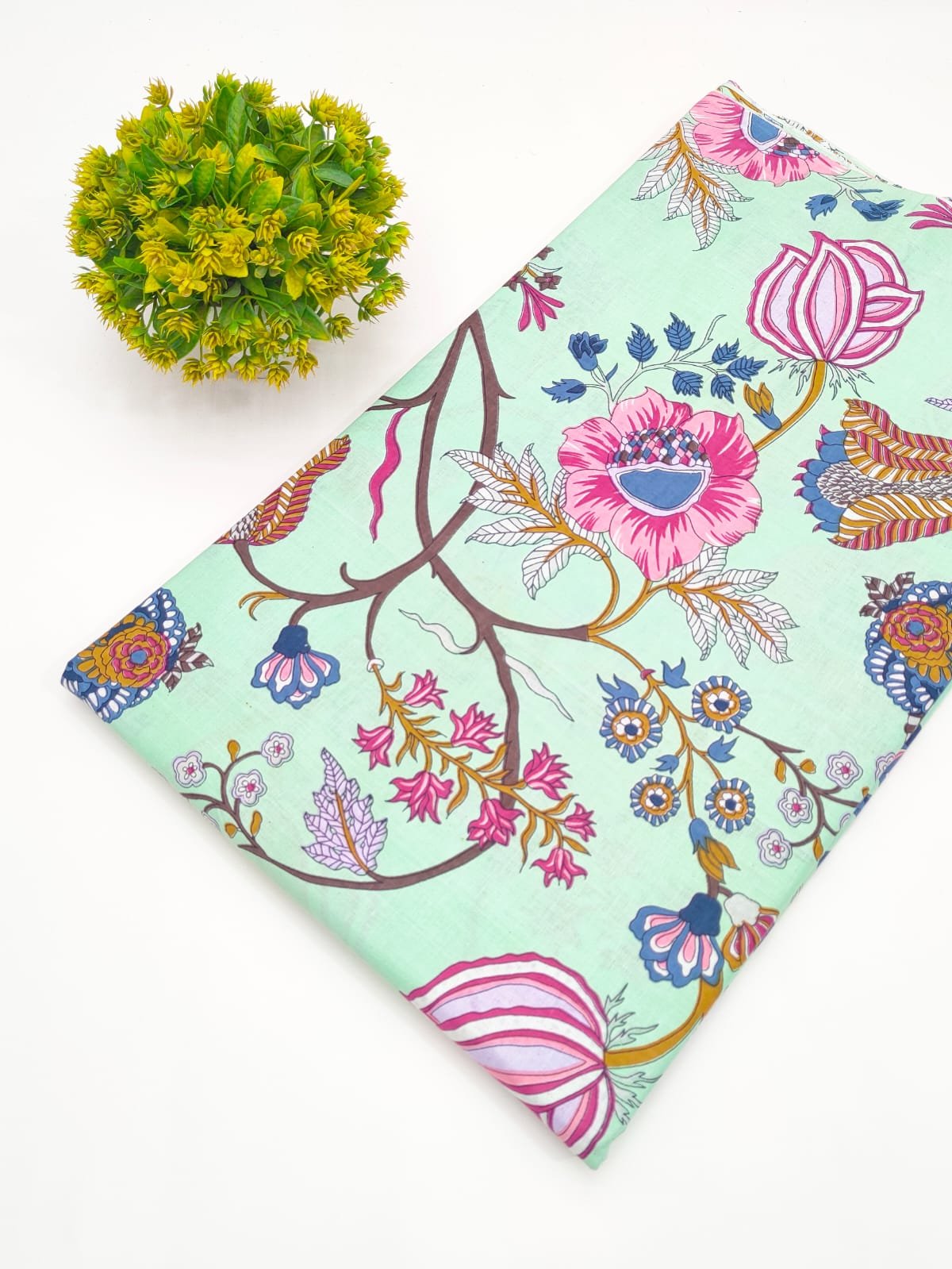 Mint Floral Screen Print Pure Cotton Fabric