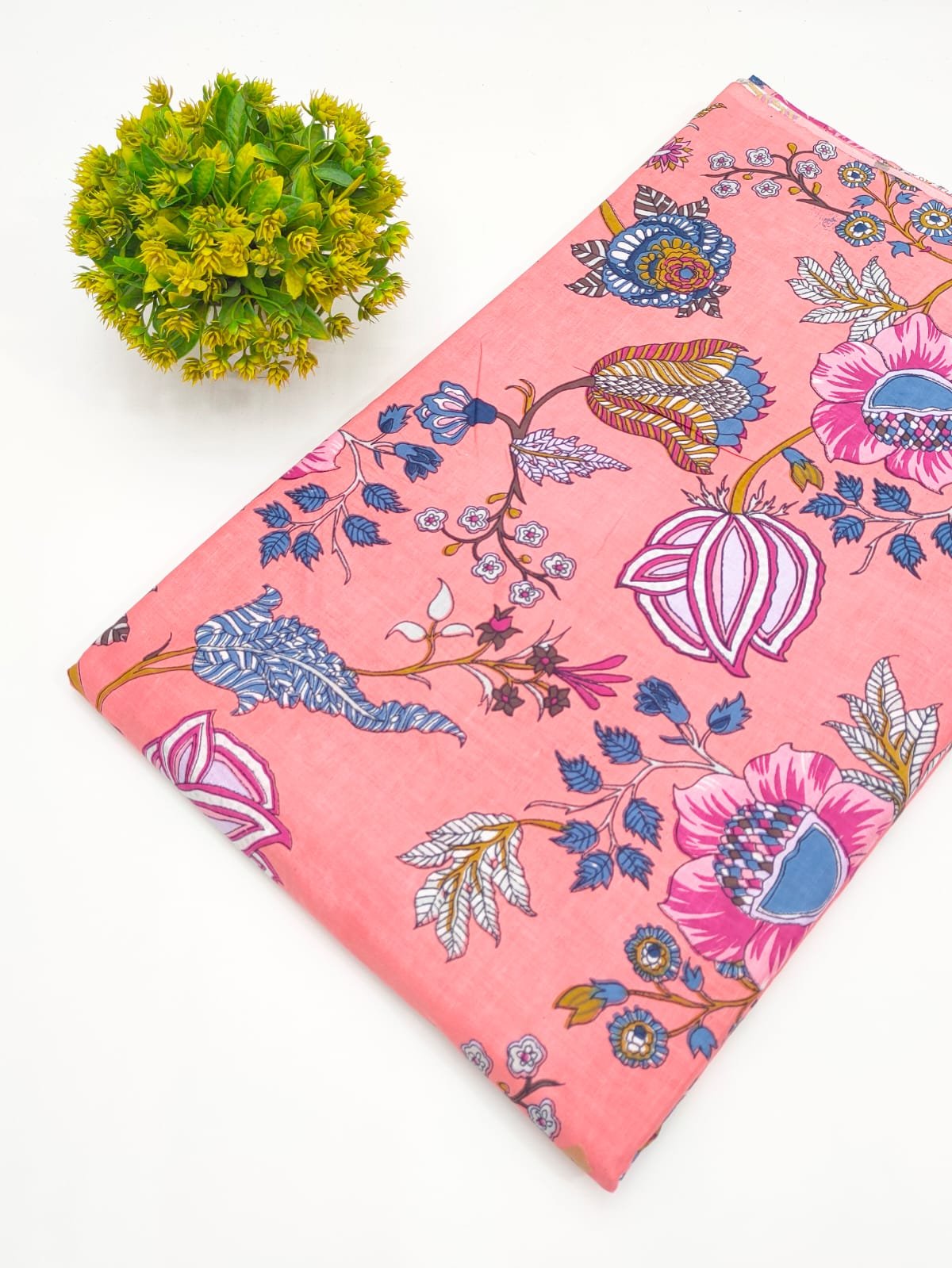 Coral Floral Screen Print Pure Cotton Fabric