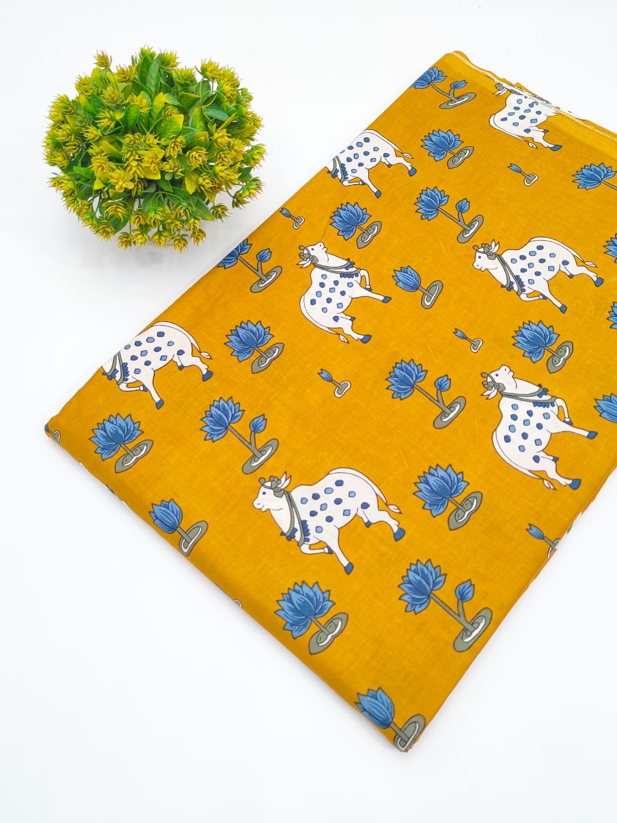 Mustard Yellow Cow Motif Screen Print Pure Cotton Fabric