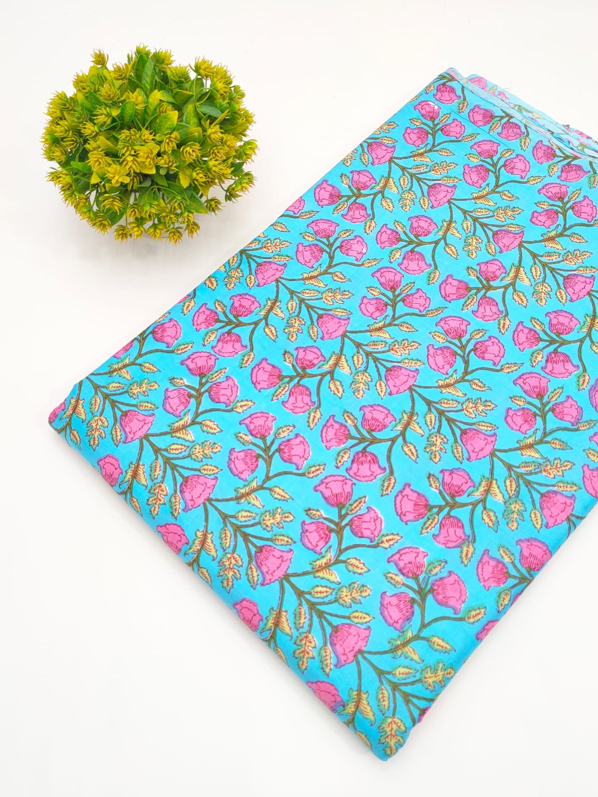 Turquoise Floral Screen Print Pure Cotton Fabric