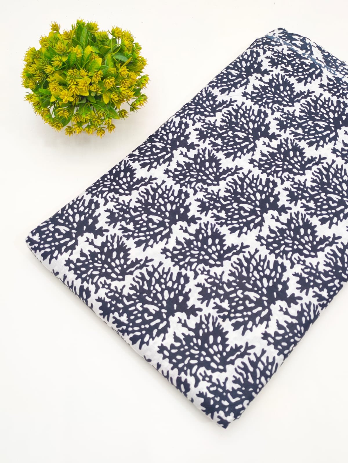 Navy Coral Screen Print Pure Cotton Fabric