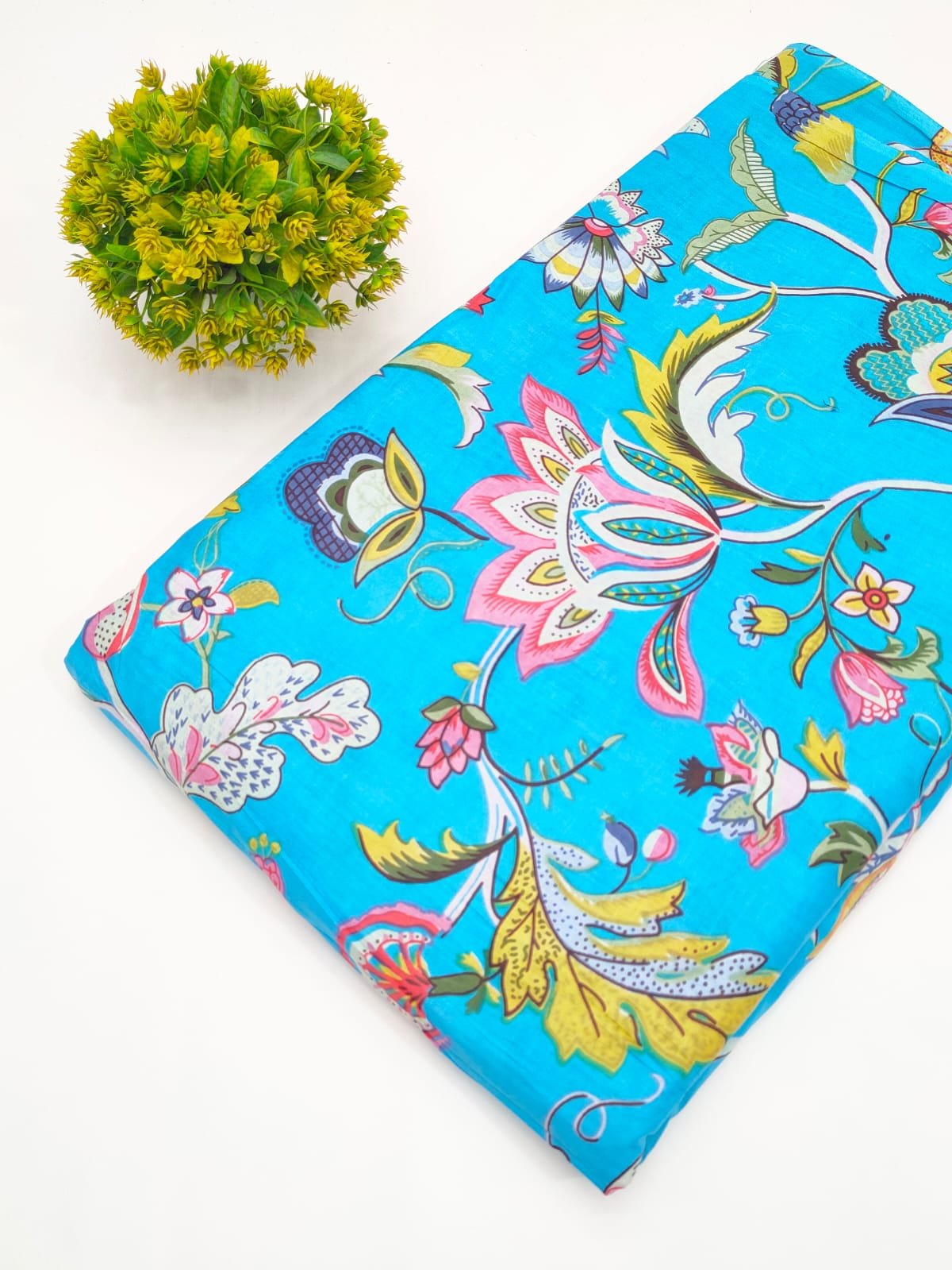 Sky Blue Floral Screen Print Pure Cotton Fabric