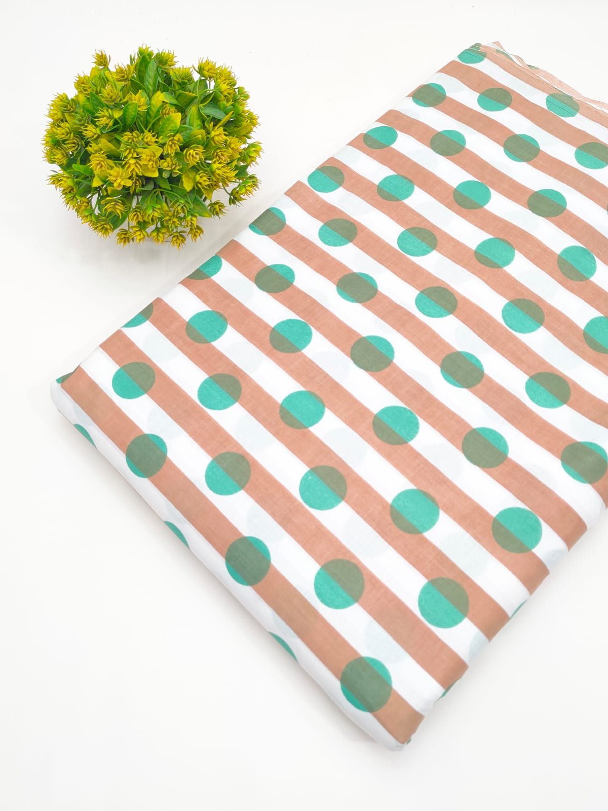Brown and Teal Polka Dot Screen Print Pure Cotton Fabric