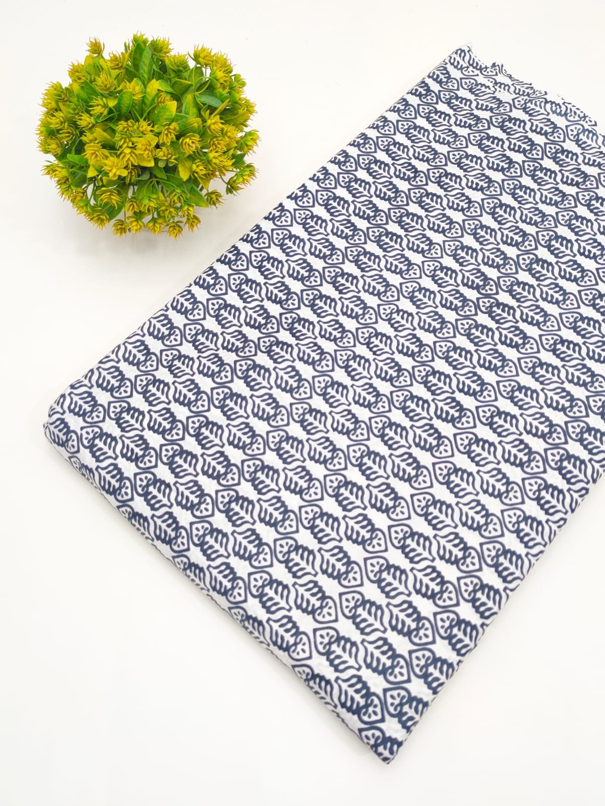 Navy Leafy Motif Screen Print Pure Cotton Fabric