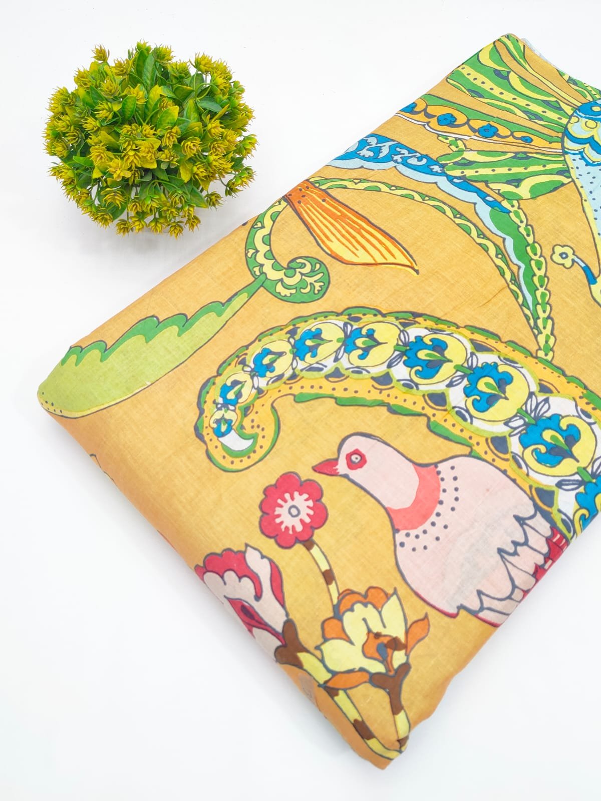 Golden Yellow Floral Screen Print Pure Cotton Fabric