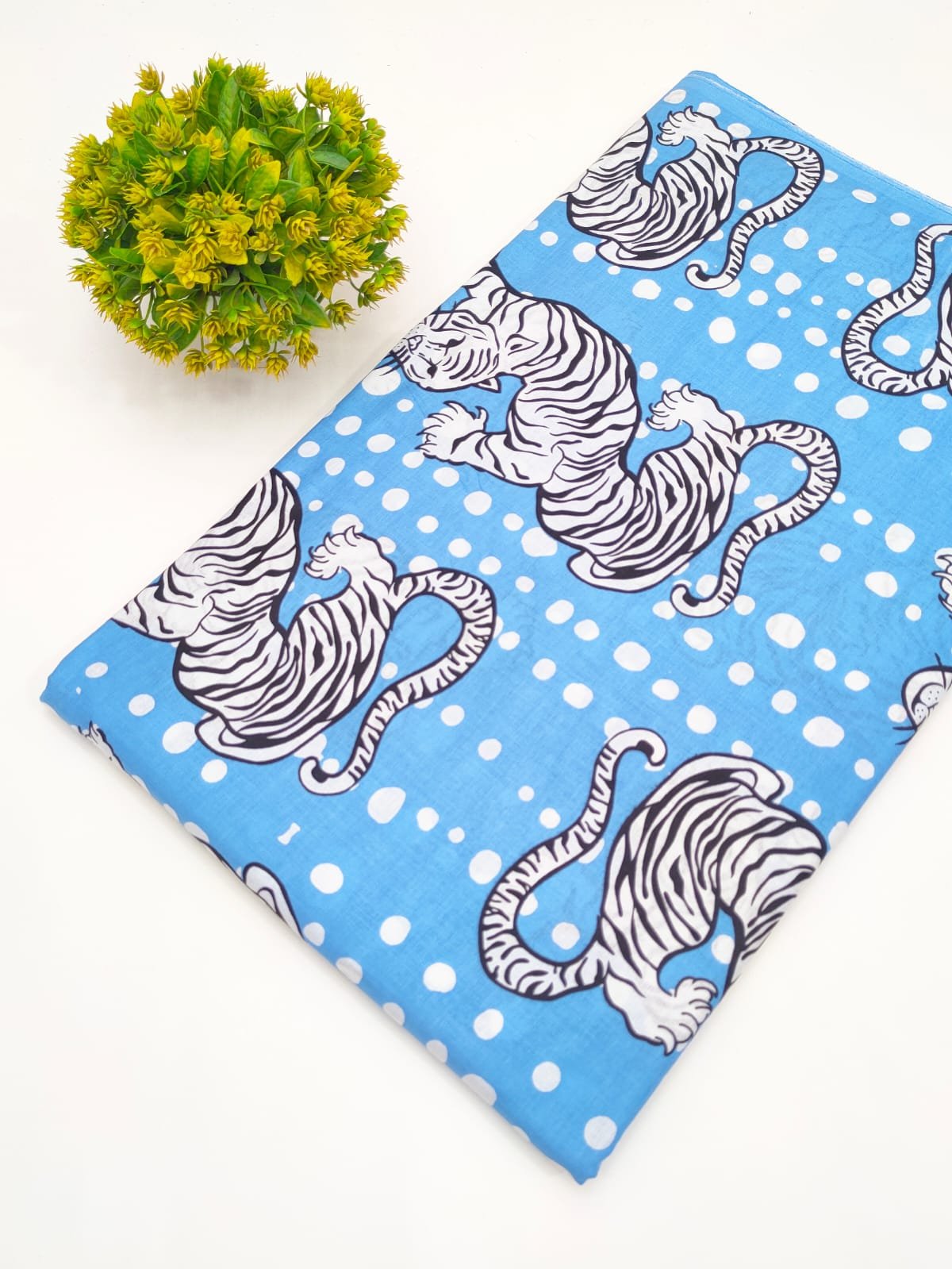 Sky Blue Tiger Polka Dot Screen Print Pure Cotton Fabric