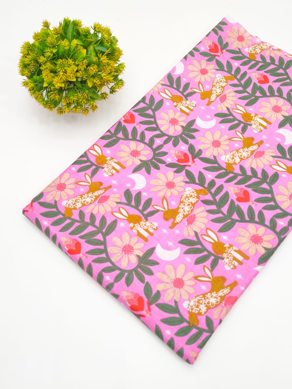 Pink Bunny Floral Screen Print Pure Cotton Fabric