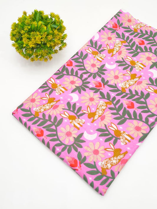 Pink Bunny Floral Screen Print Pure Cotton Fabric