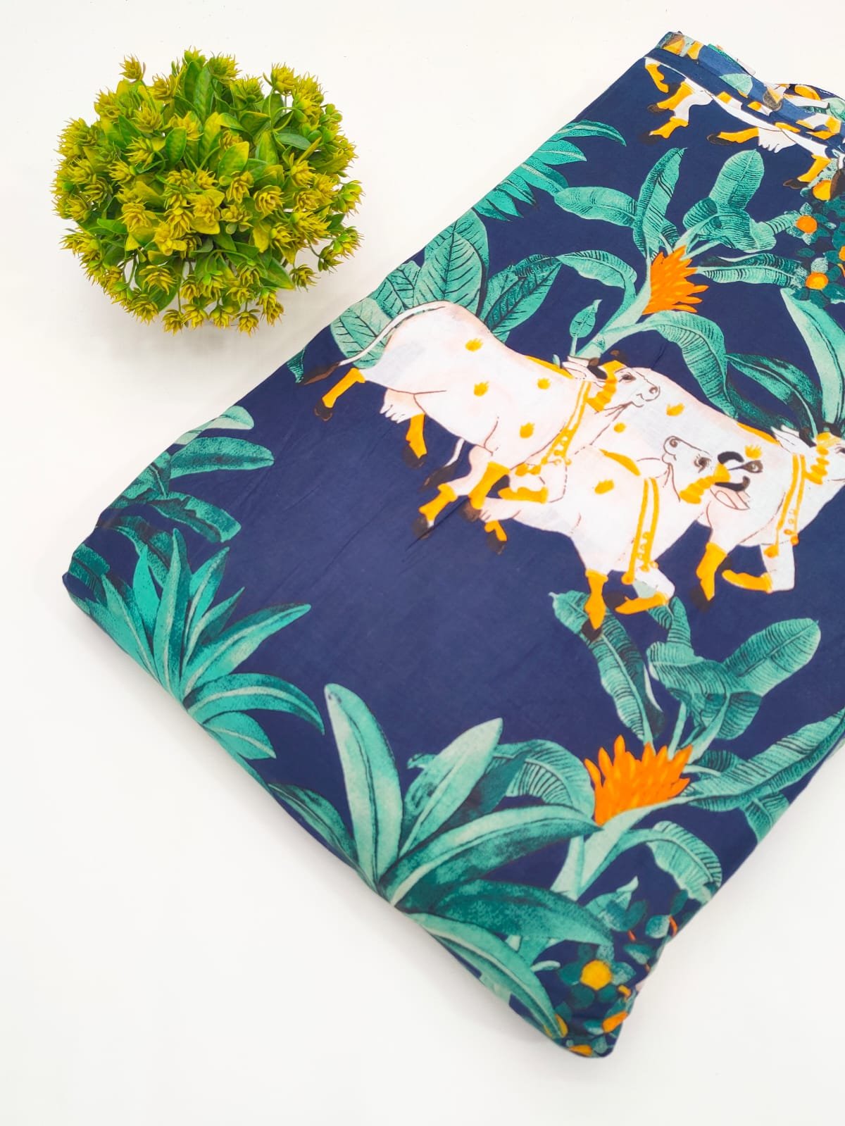 Navy Cow Tropical Screen Print Pure Cotton Fabric
