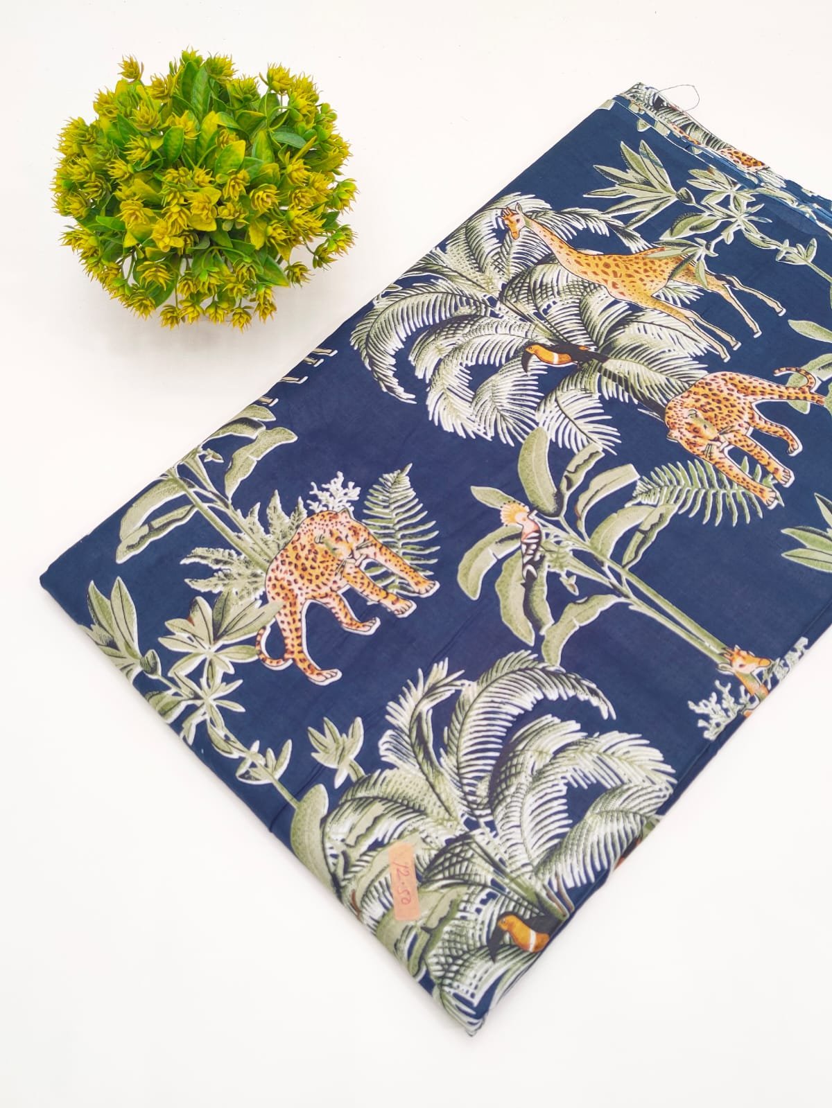 Navy Green Jungle Animal Screen Print Pure Cotton Fabric