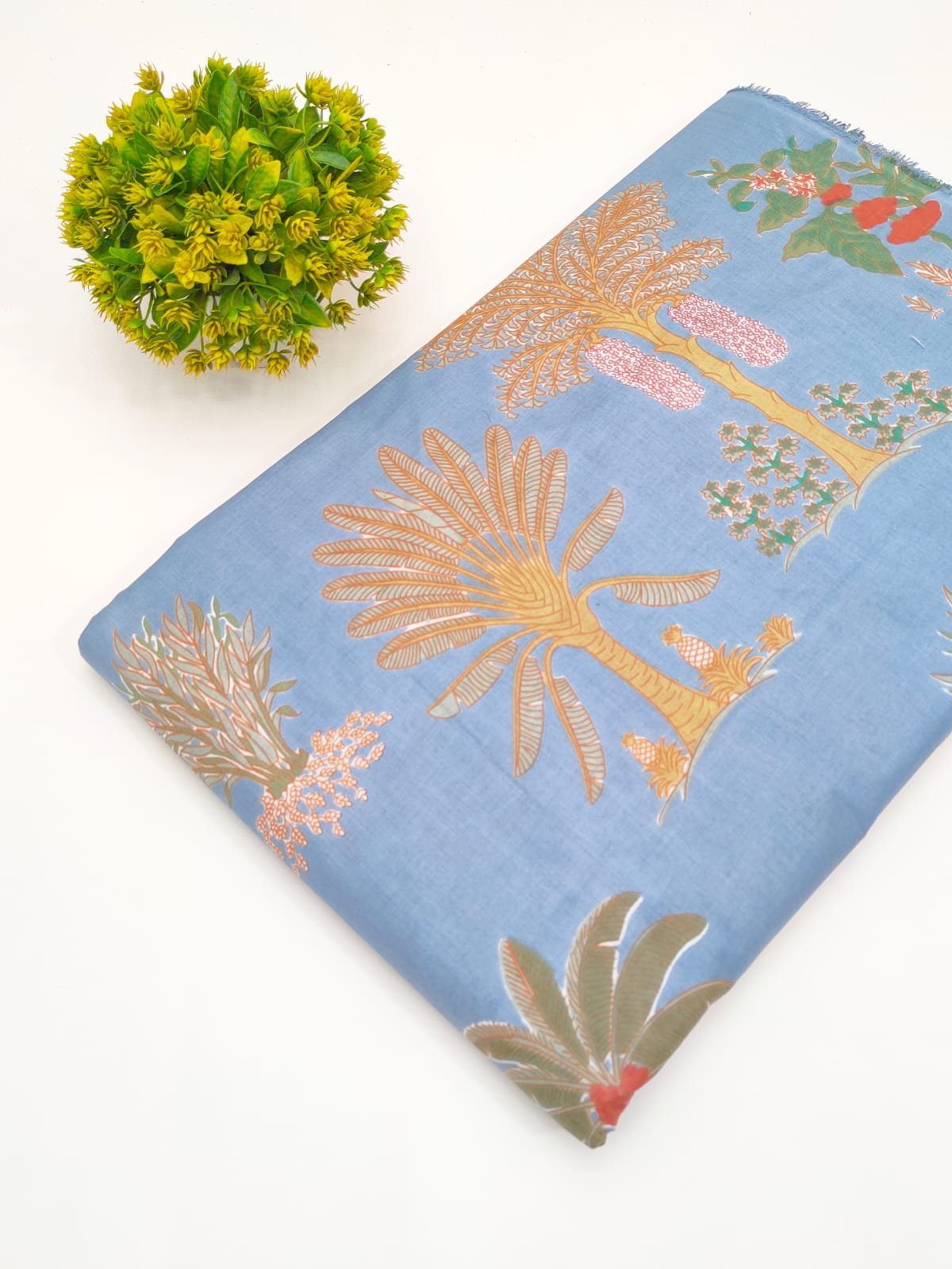 Sky Blue Floral Screen Print Pure Cotton Fabric