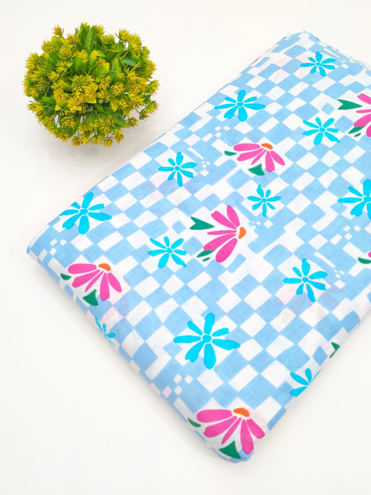 Light Blue Geometric Floral Screen Print Pure Cotton Fabric