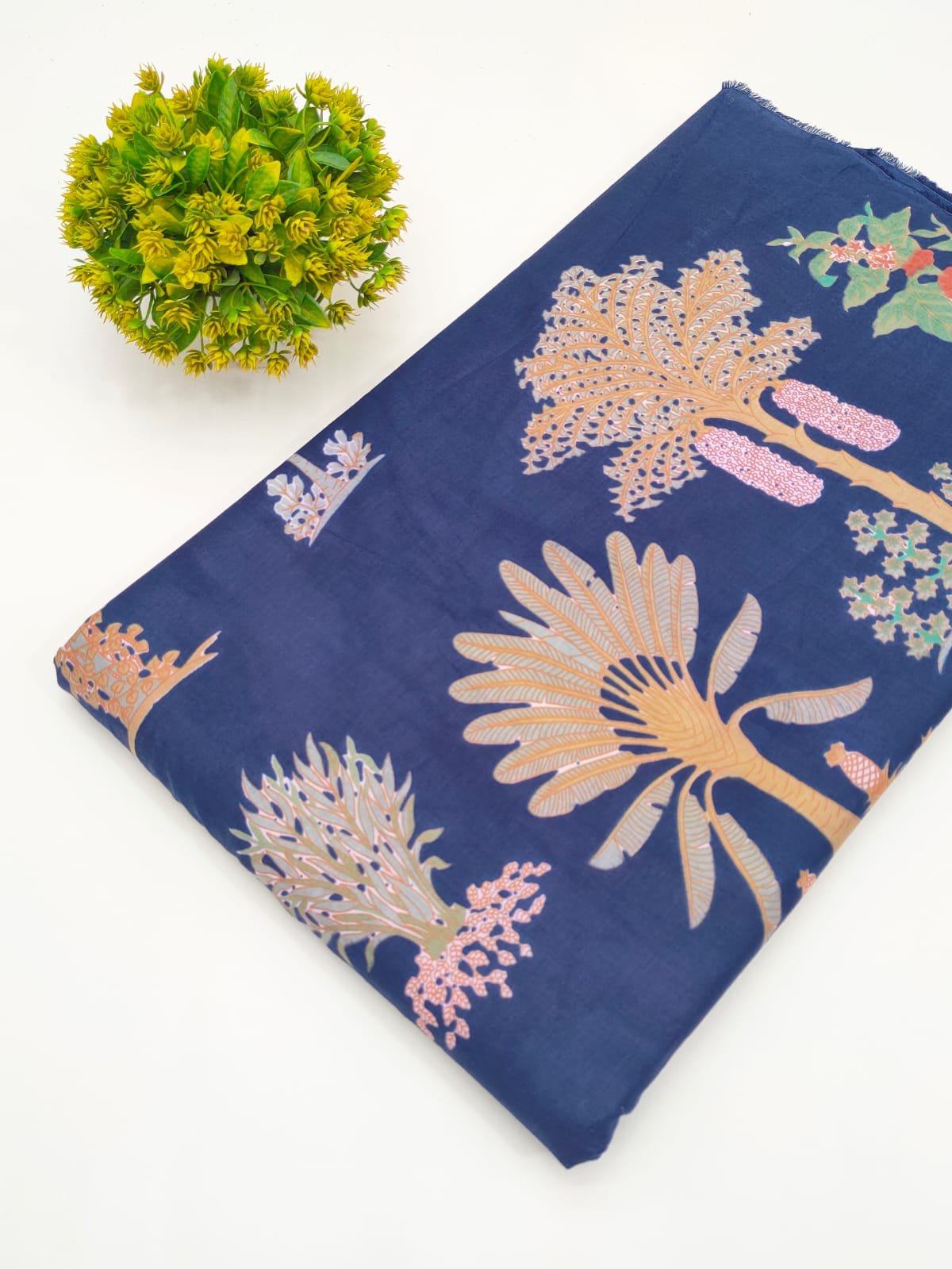 Navy Floral Screen Print Pure Cotton Fabric