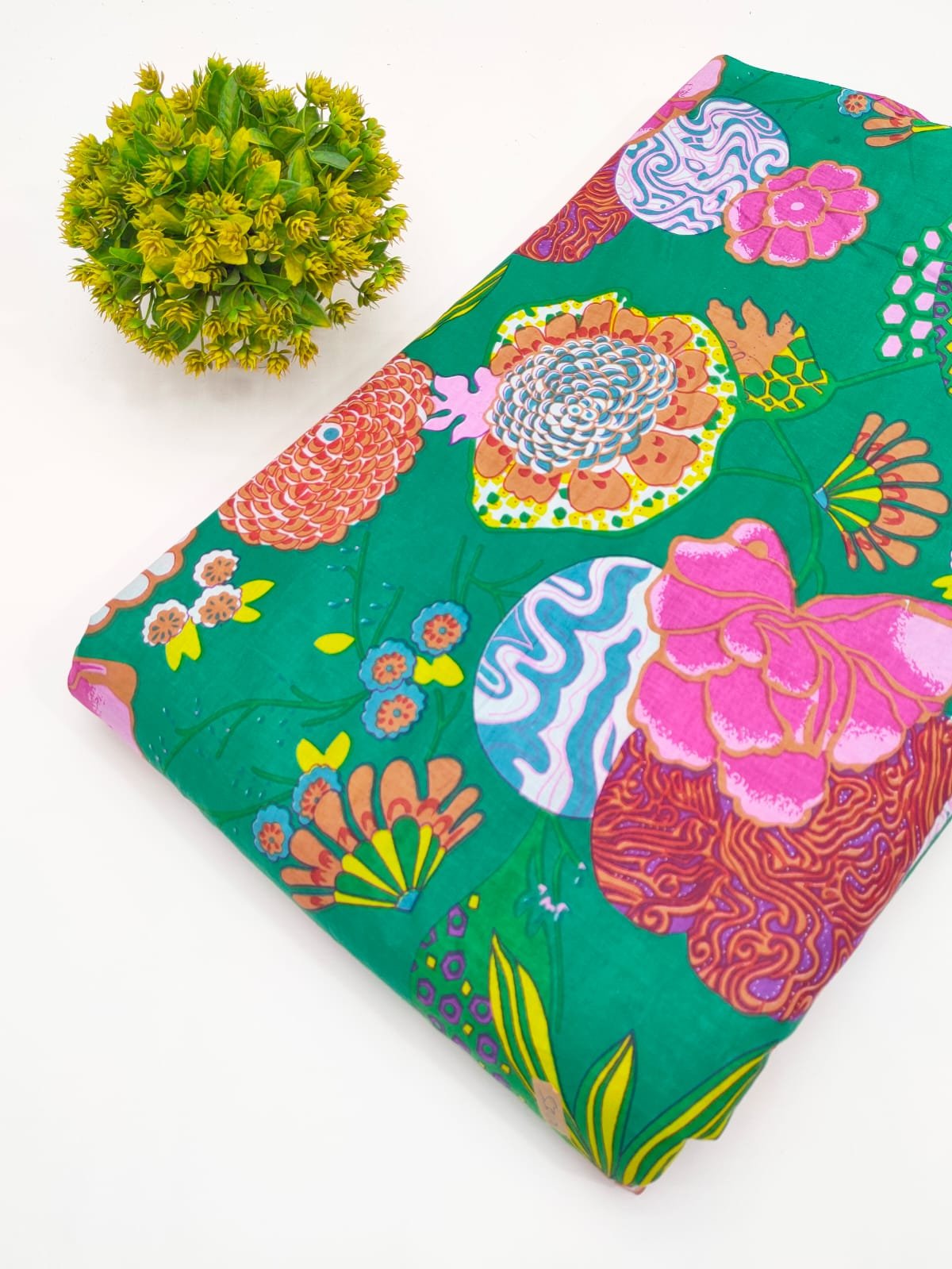 Teal Floral Screen Print Pure Cotton Fabric