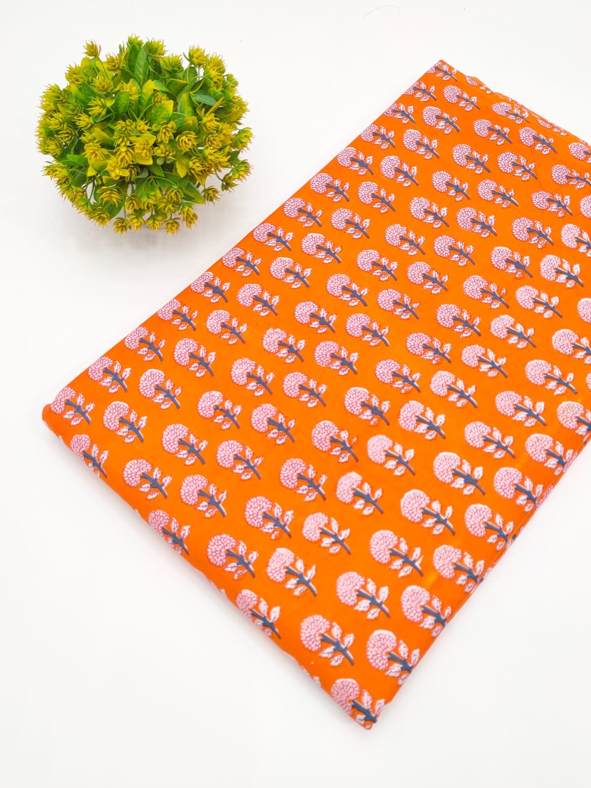 Orange Floral Screen Print Pure Cotton Fabric