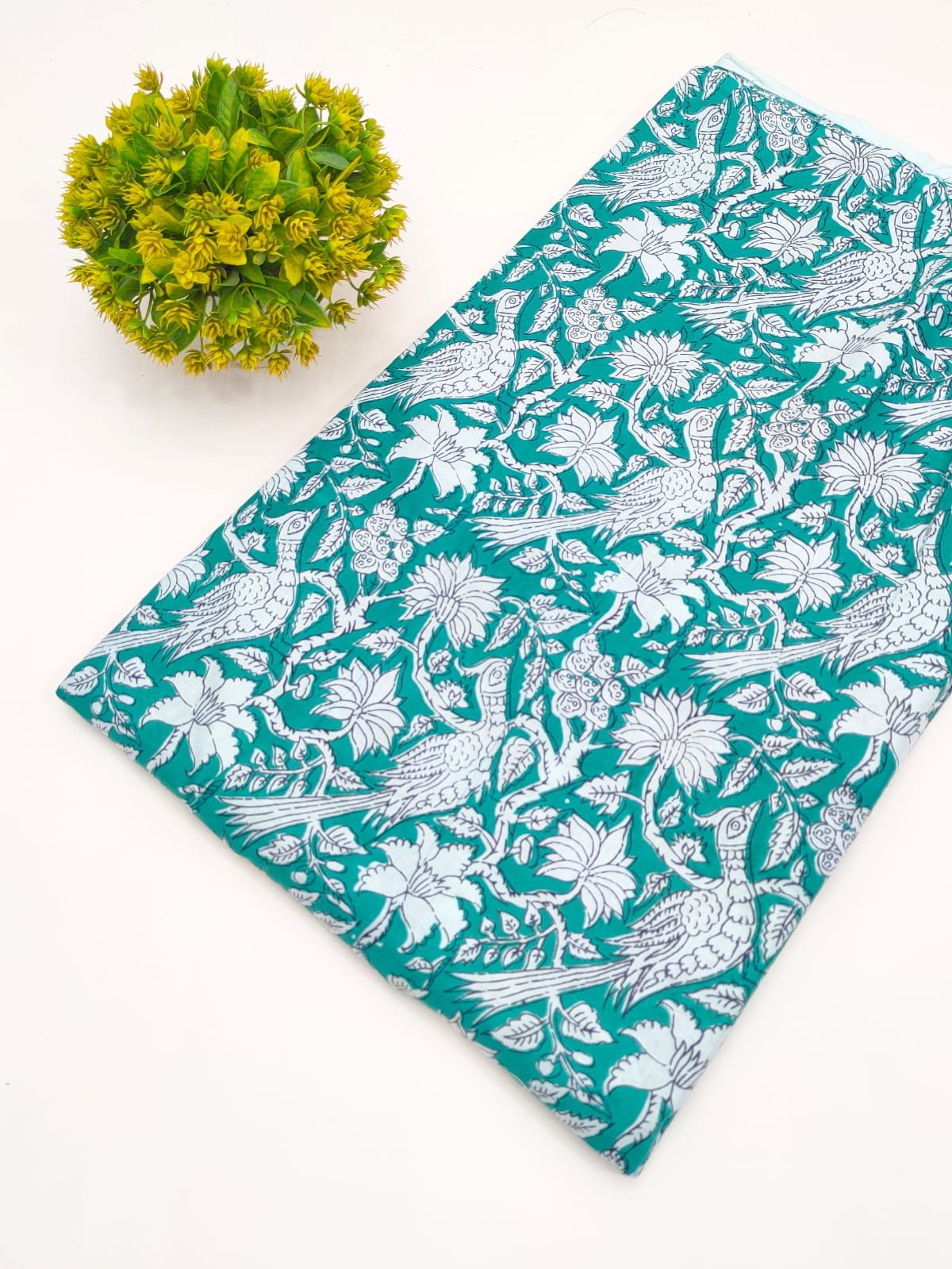 Turquoise Bird Motif Screen Print Pure Cotton Fabric