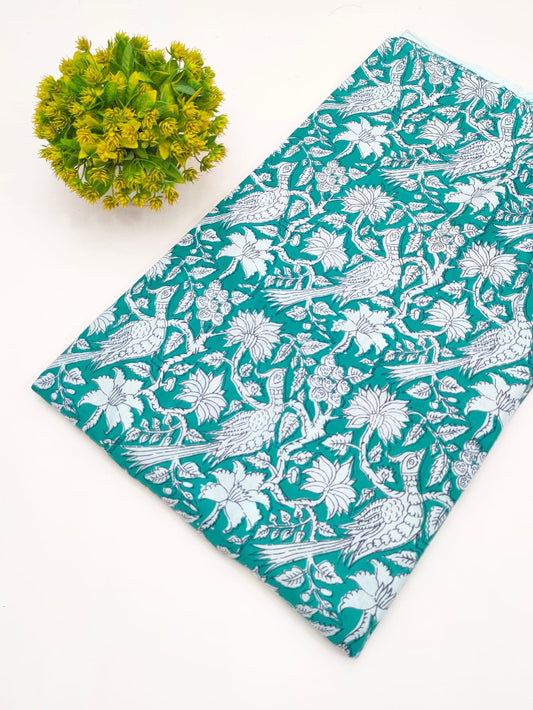 Turquoise Bird Motif Screen Print Pure Cotton Fabric