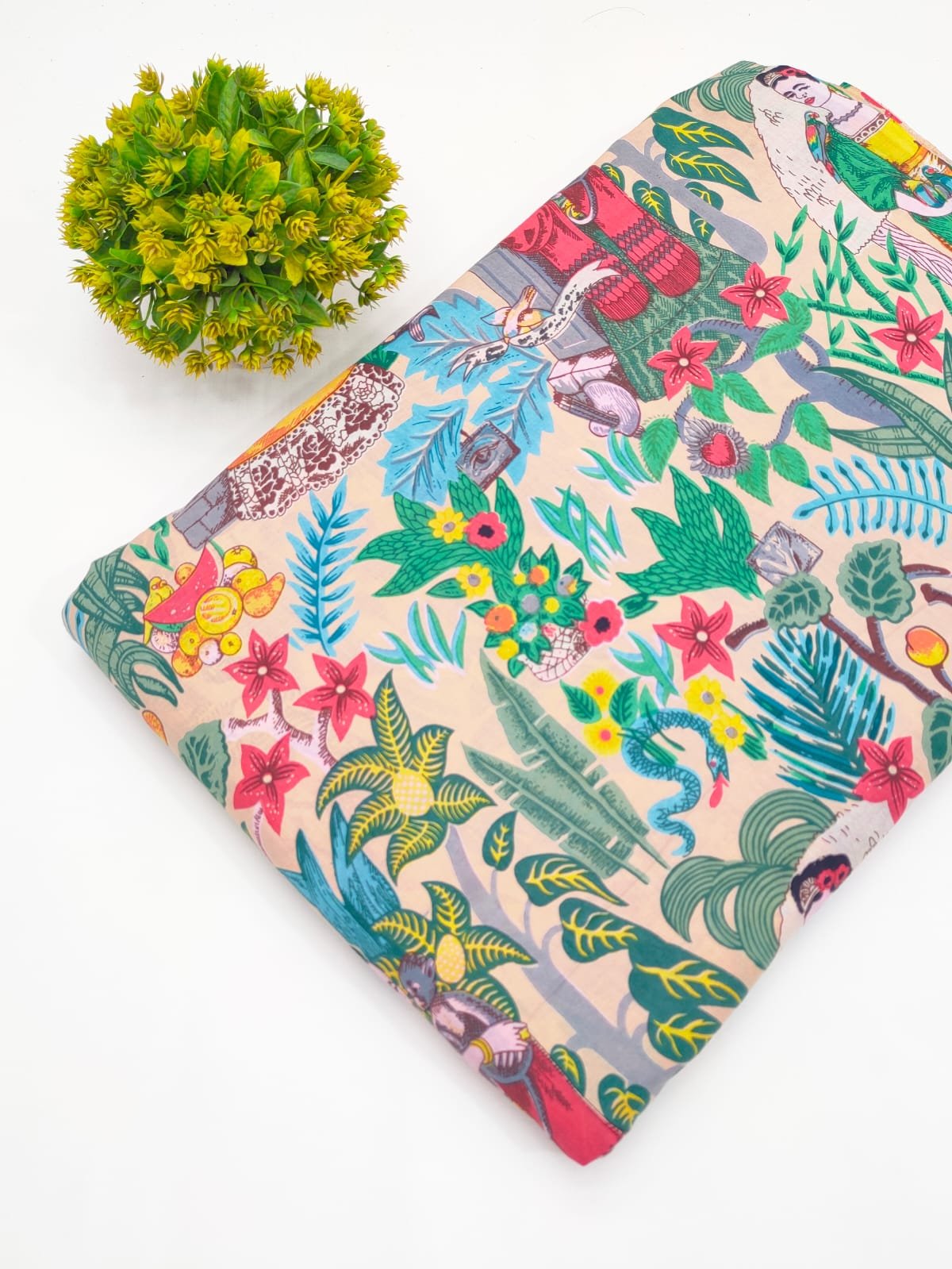 Multicolor Tropical Motif Screen Print Pure Cotton Fabric