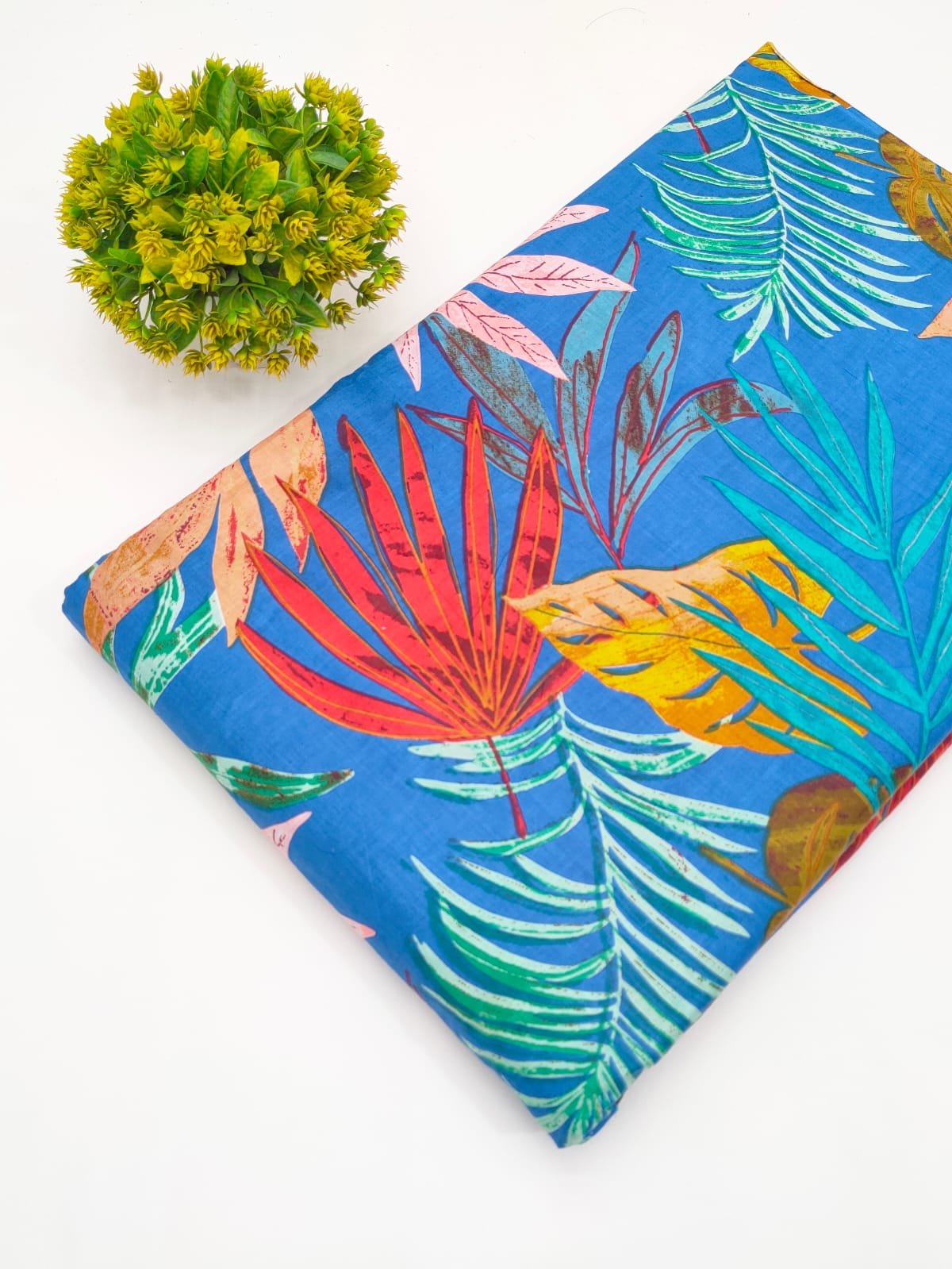 Blue Tropical Leaf Screen Print Pure Cotton Fabric