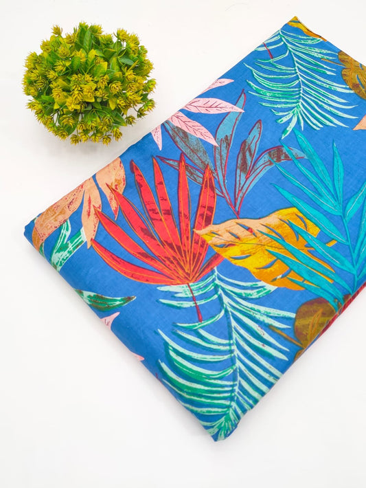 Blue Tropical Leaf Screen Print Pure Cotton Fabric
