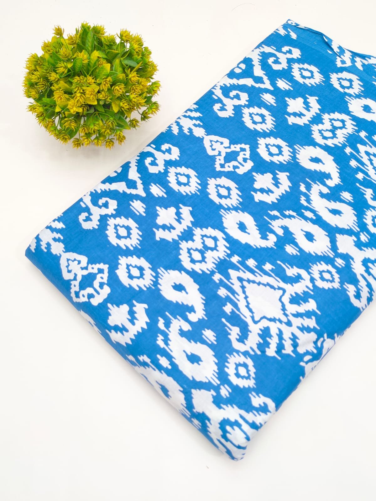 Blue White Paisley Screen Print Pure Cotton Fabric
