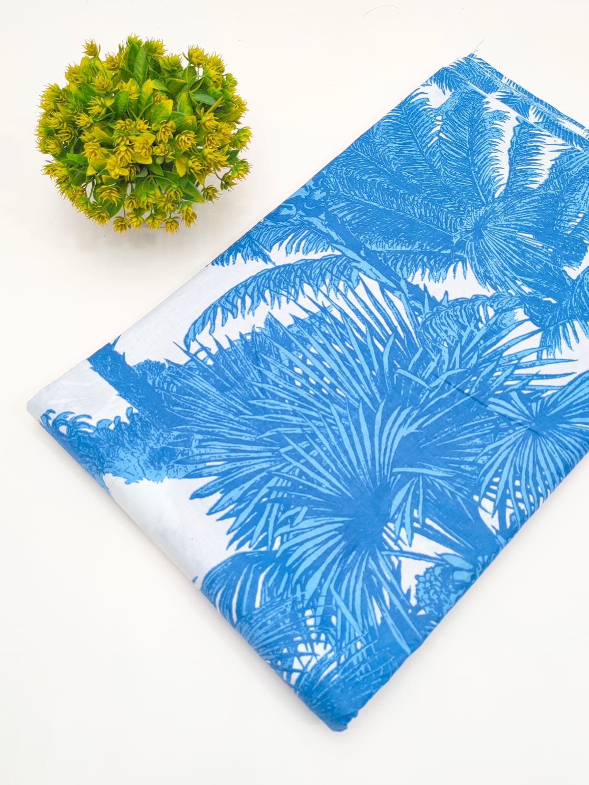 Sky Blue Palm Leaf Screen Print Pure Cotton Fabric