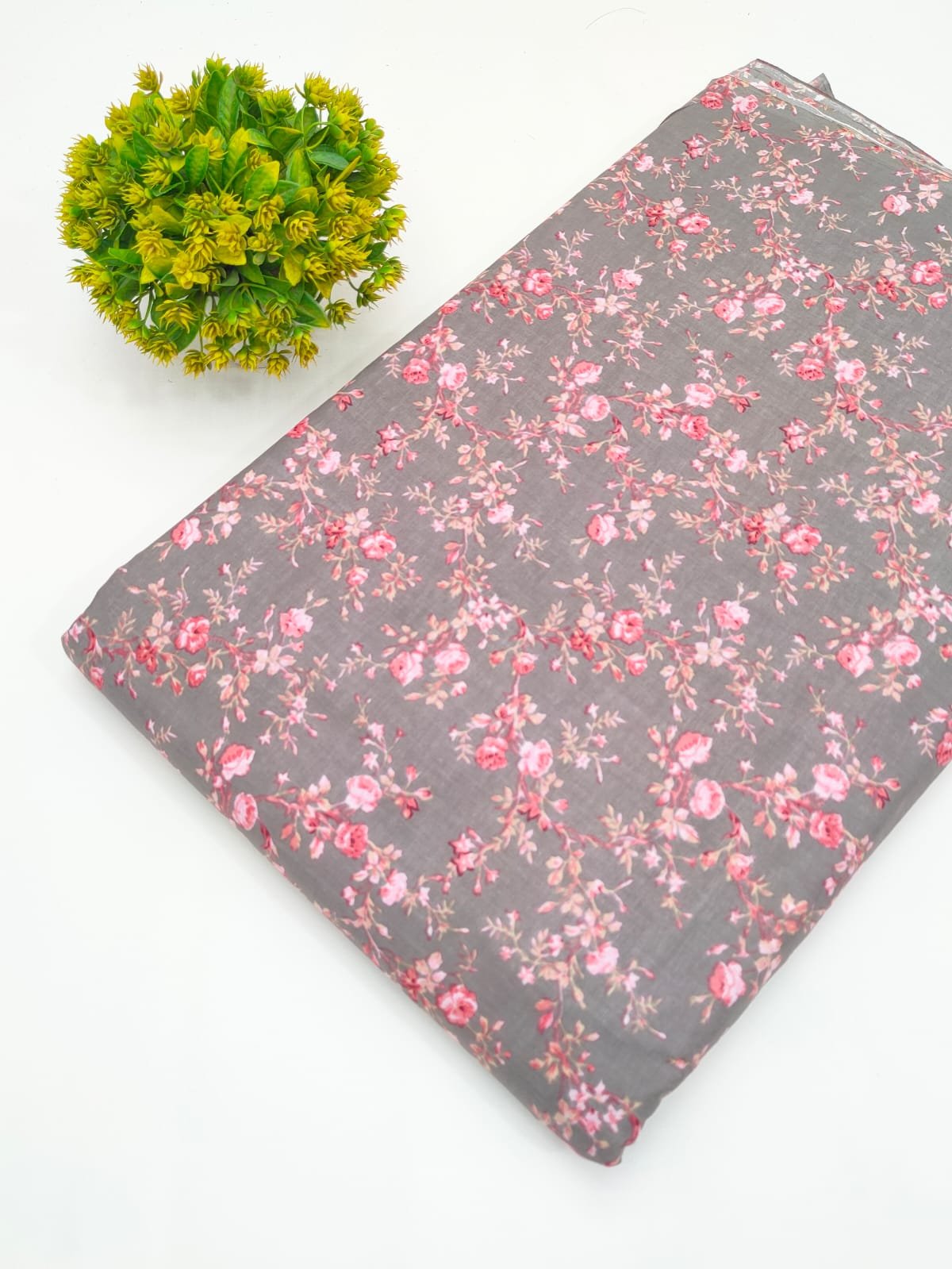 Grey Floral Screen Print Pure Cotton Fabric