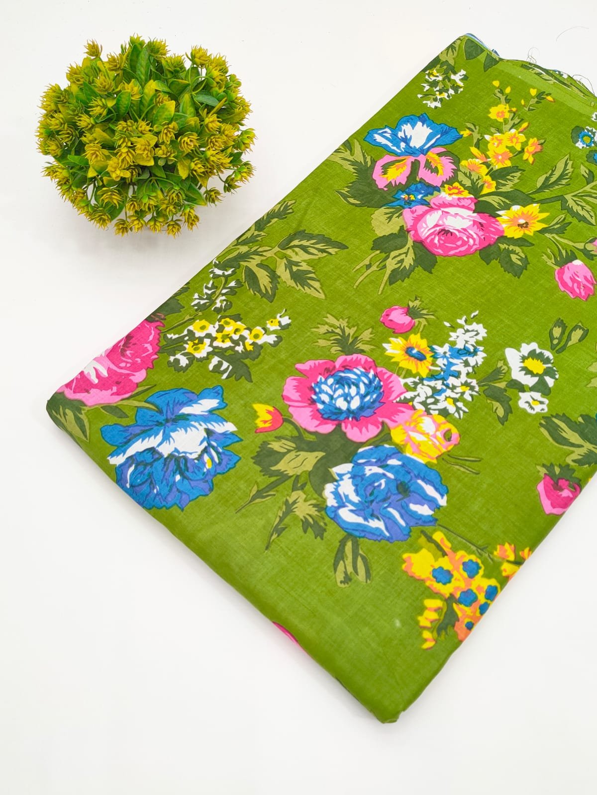 Green Floral Screen Print Pure Cotton Fabric