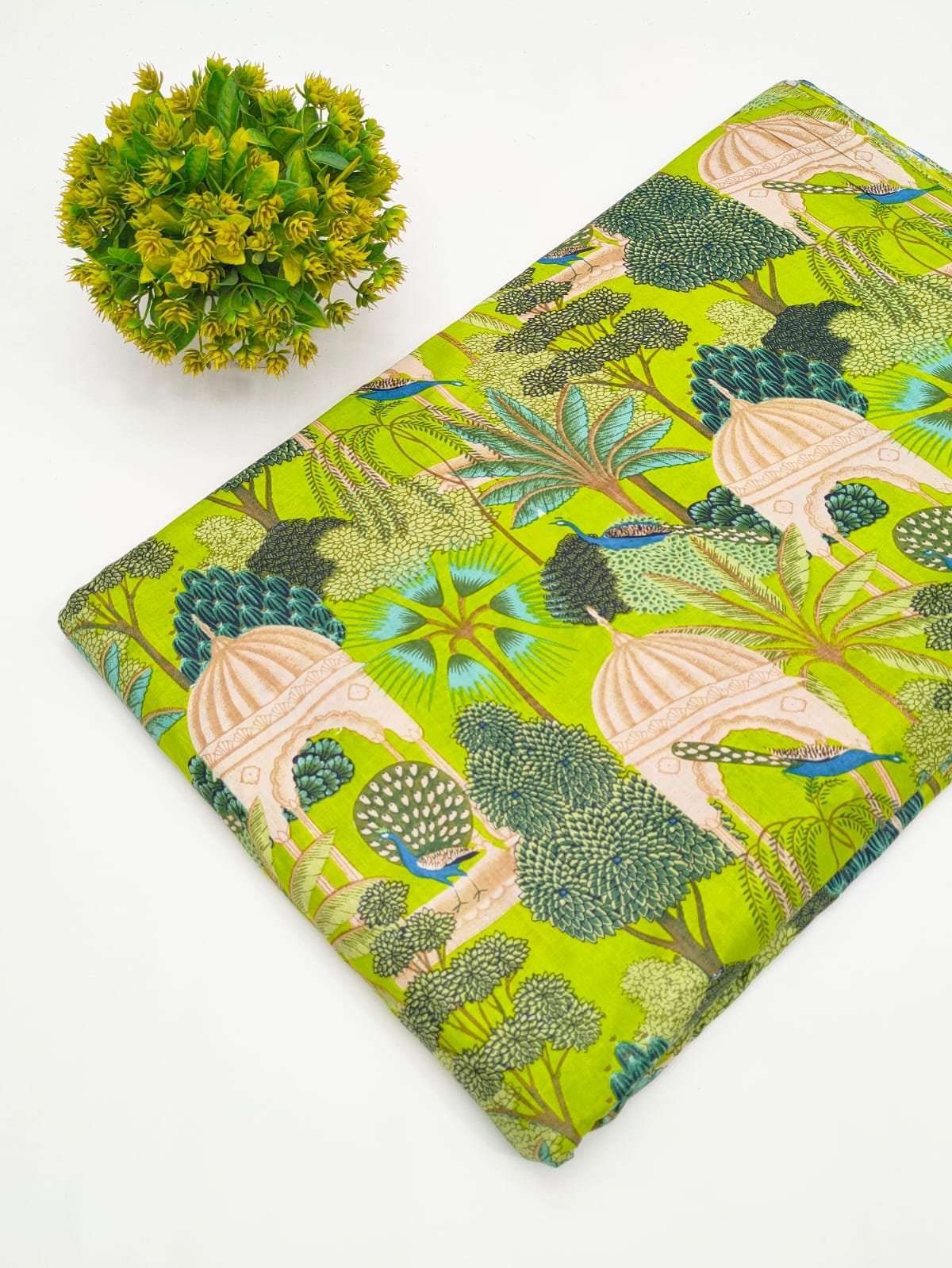 Lime Green Peacock Motif Screen Print Pure Cotton Fabric