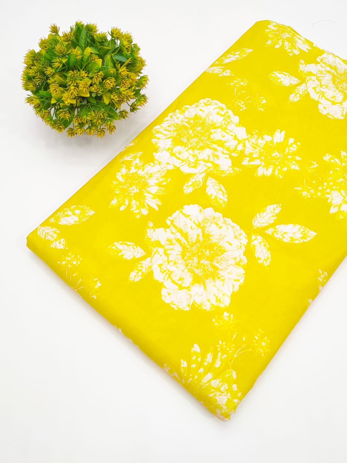 Yellow Floral Screen Print Pure Cotton Fabric