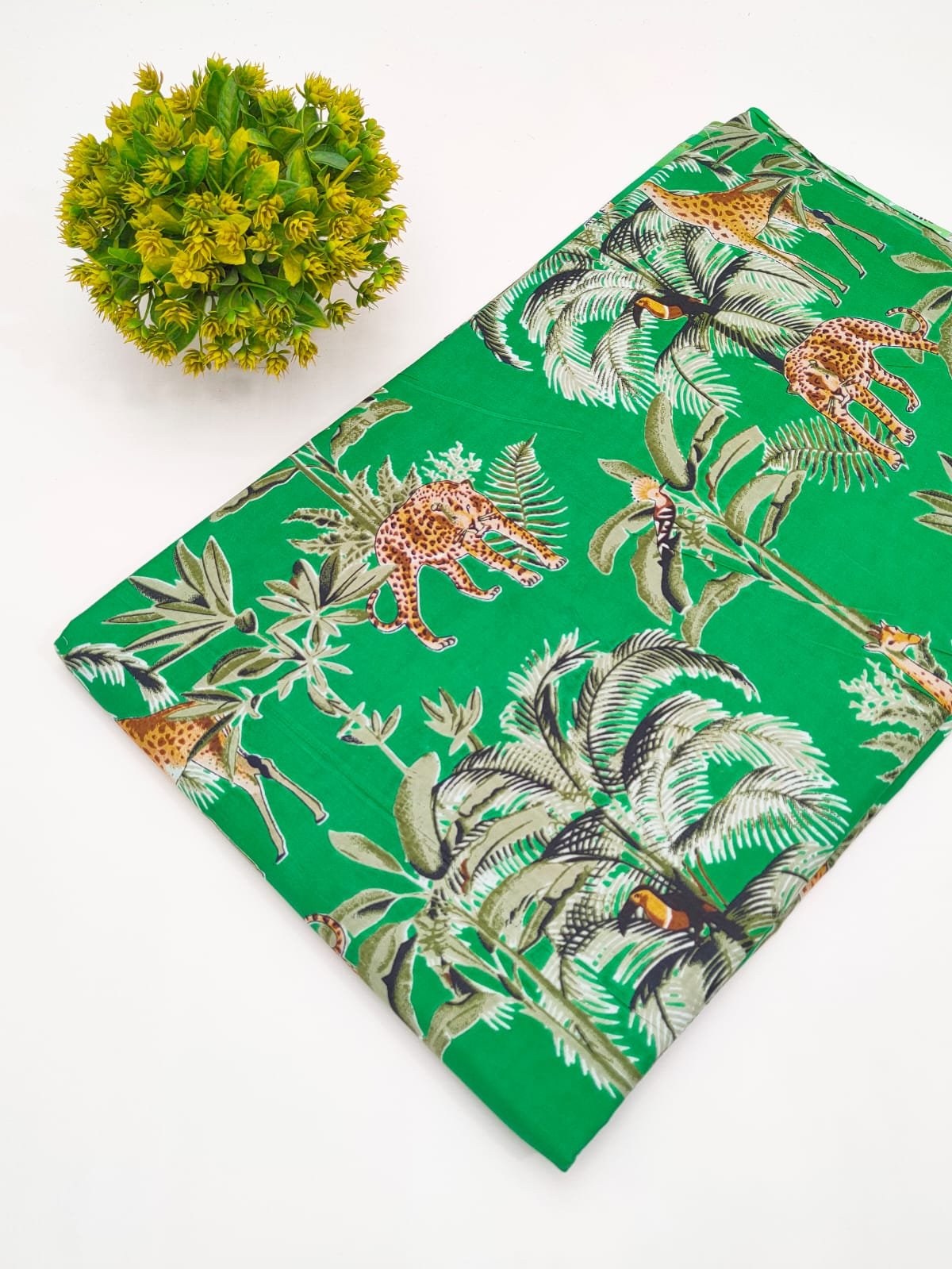 Green Animal Motif Screen Print Pure Cotton Fabric