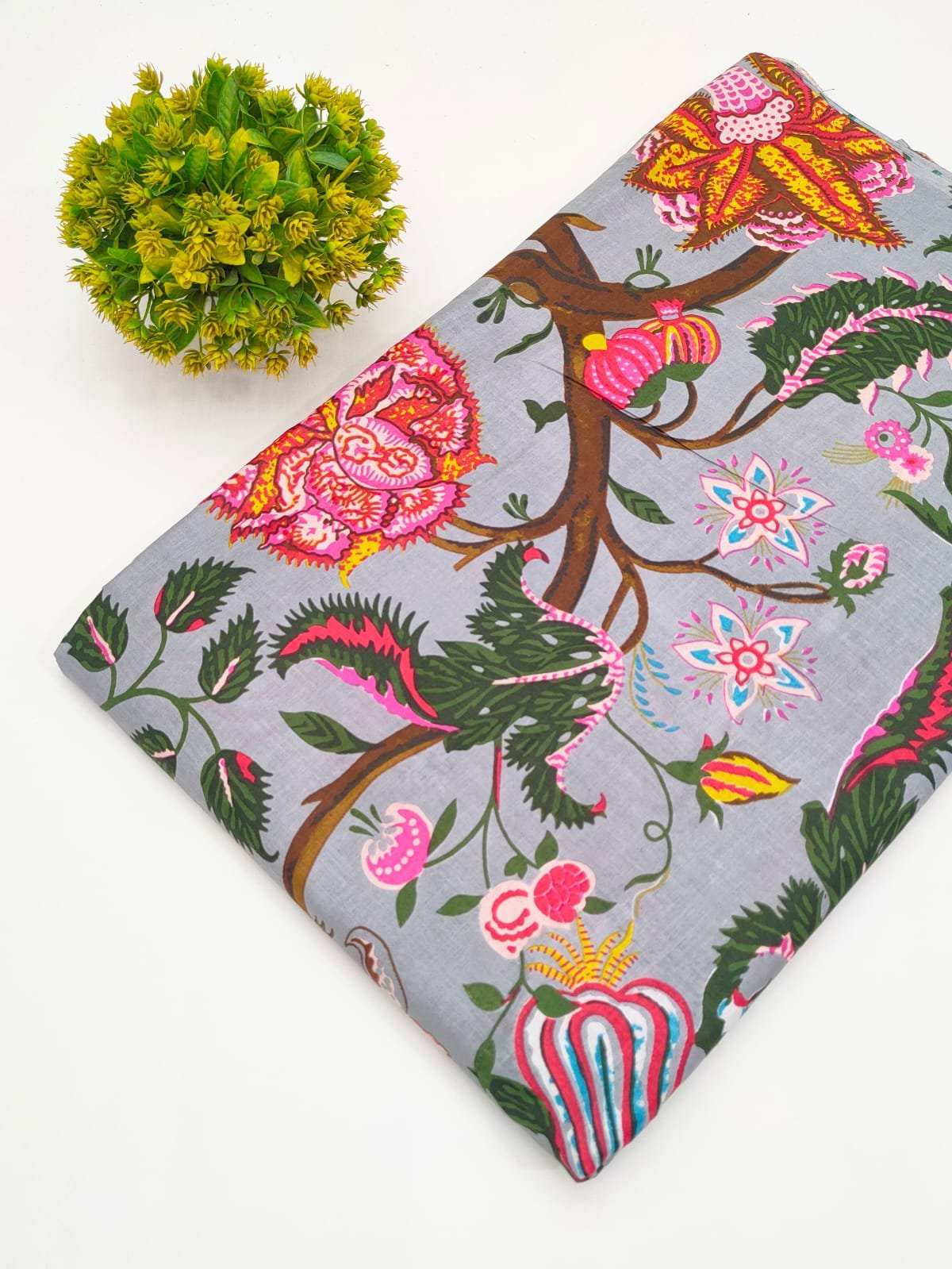 Grey Floral Screen Print Pure Cotton Fabric