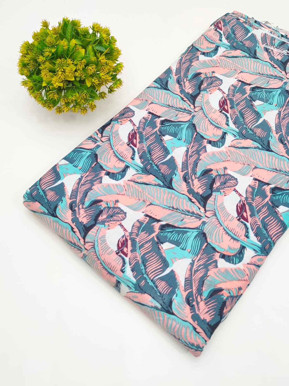 Teal and Pink Tropical Leaf Screen Print Pure Cotton Fabric