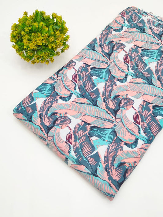 Teal and Pink Tropical Leaf Screen Print Pure Cotton Fabric