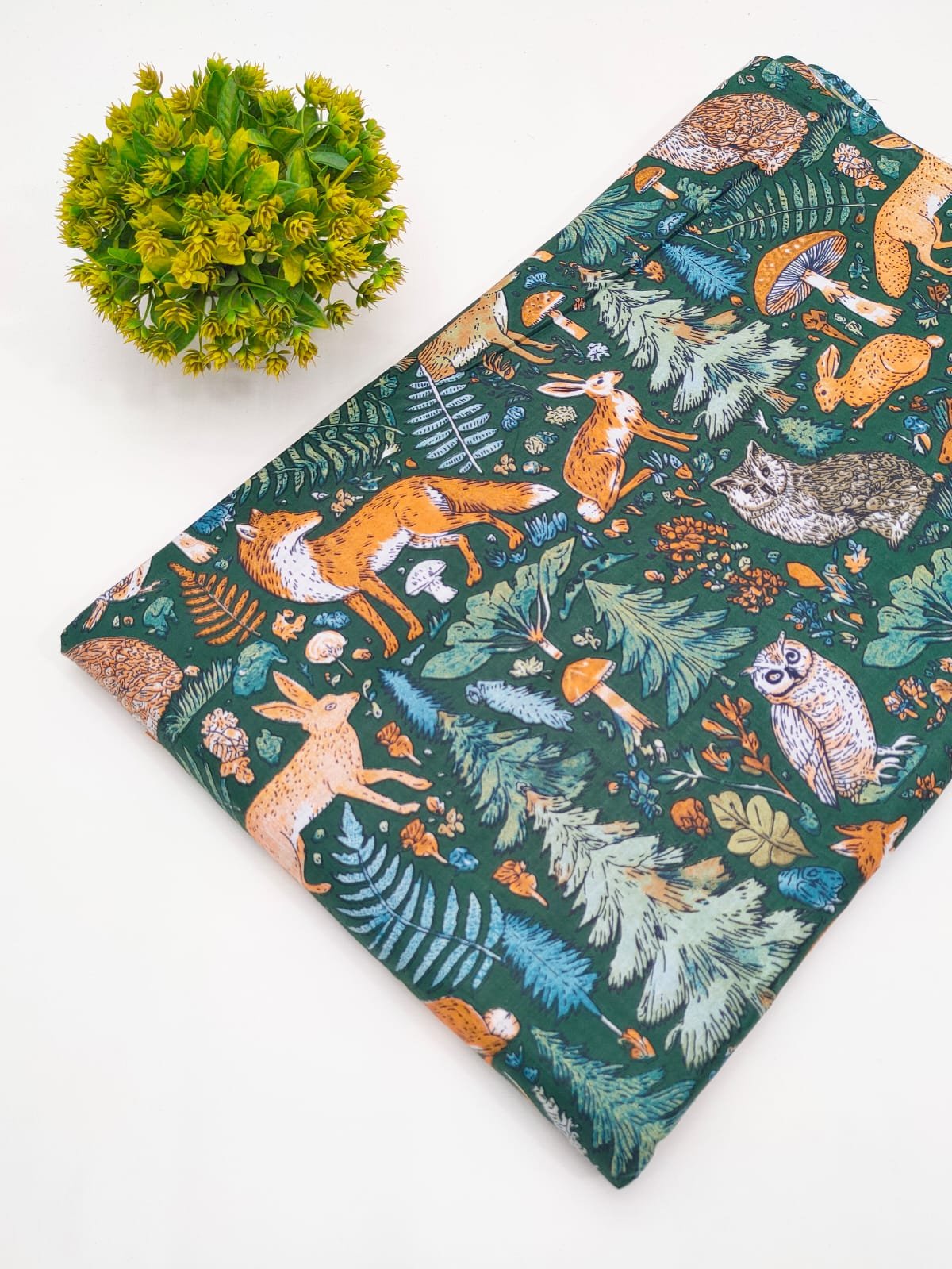 Forest Green Animal Motif Screen Print Pure Cotton Fabric