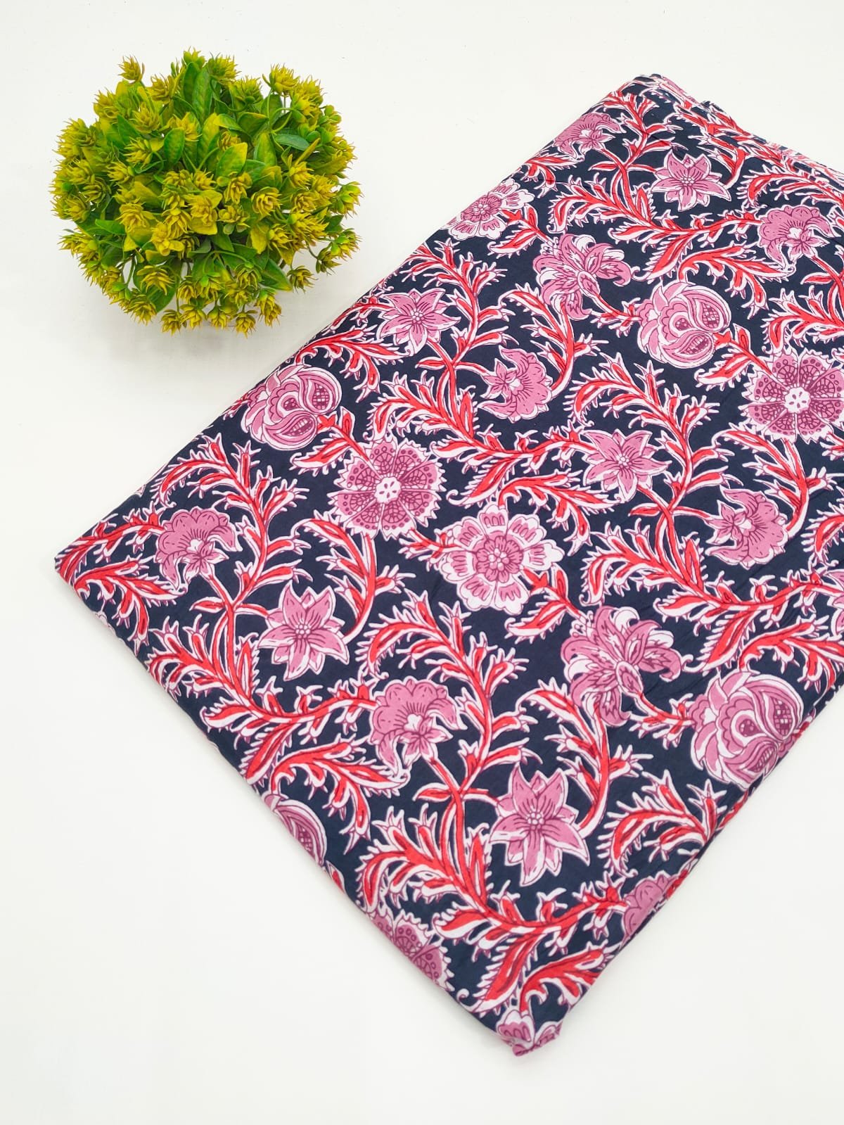 Navy Floral Screen Print Pure Cotton Fabric