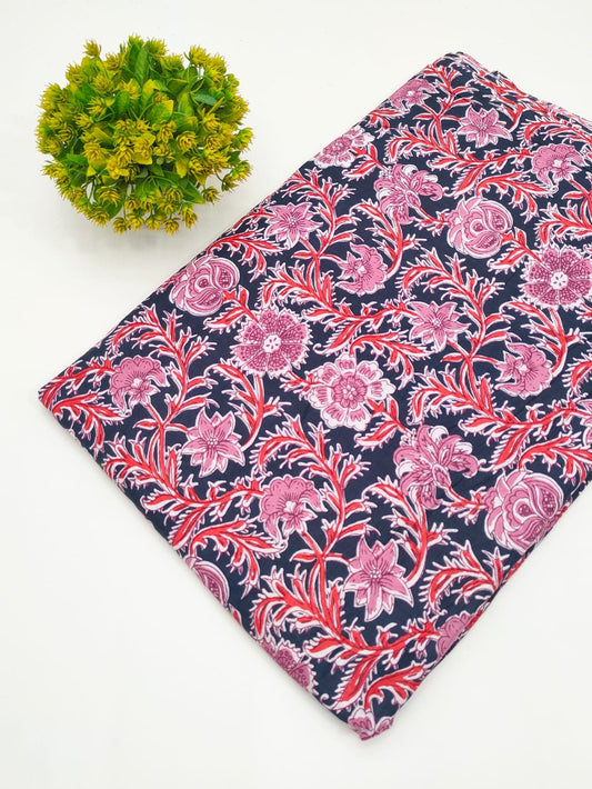 Navy Floral Screen Print Pure Cotton Fabric