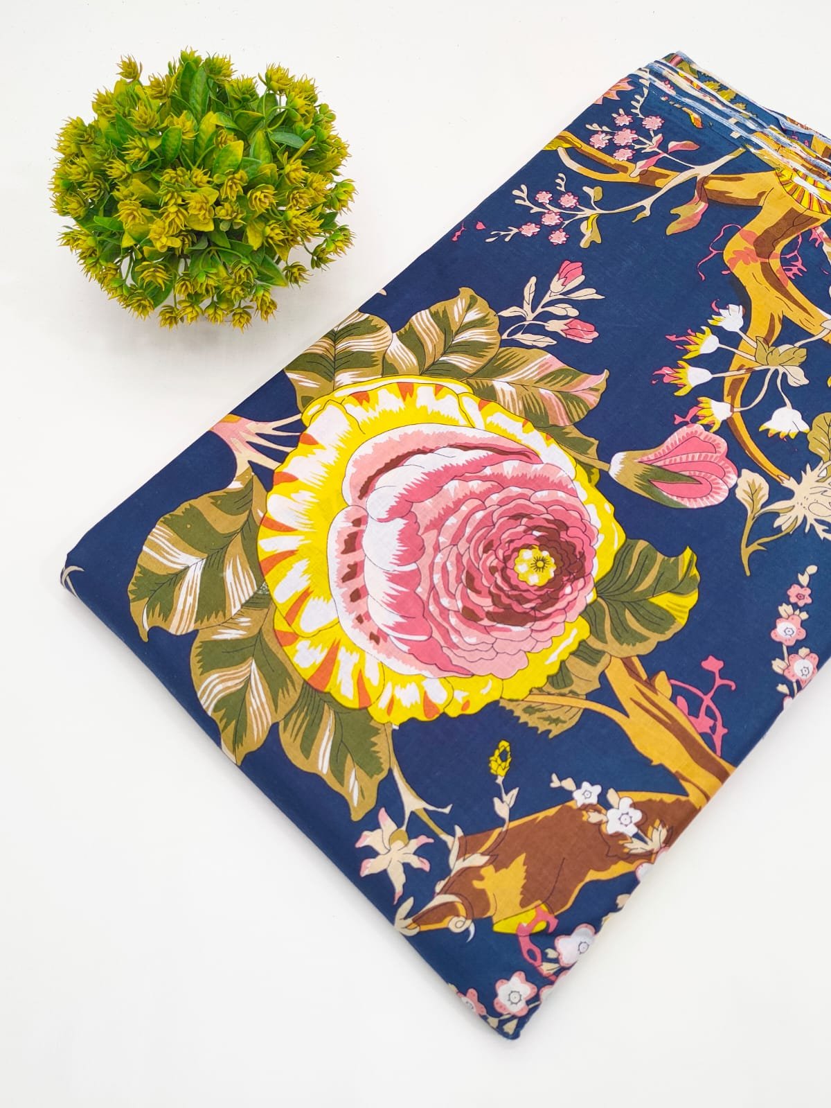 Navy Floral Bouquet Screen Print Pure Cotton Fabric