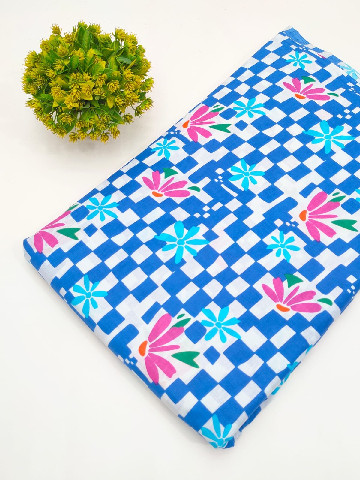Blue Checkered Floral Screen Print Pure Cotton Fabric