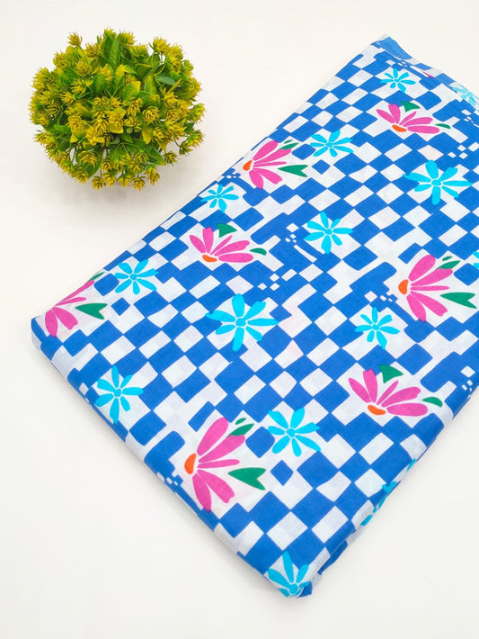 Blue Checkered Floral Screen Print Pure Cotton Fabric