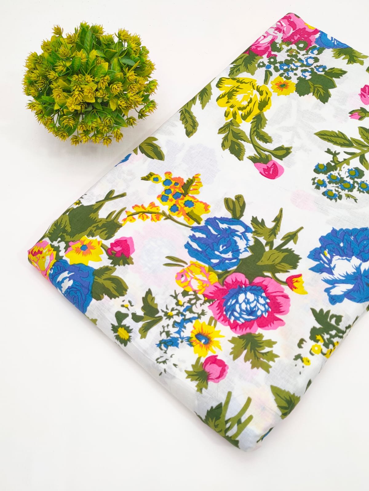 White Multi-Colored Floral Screen Print Pure Cotton Fabric