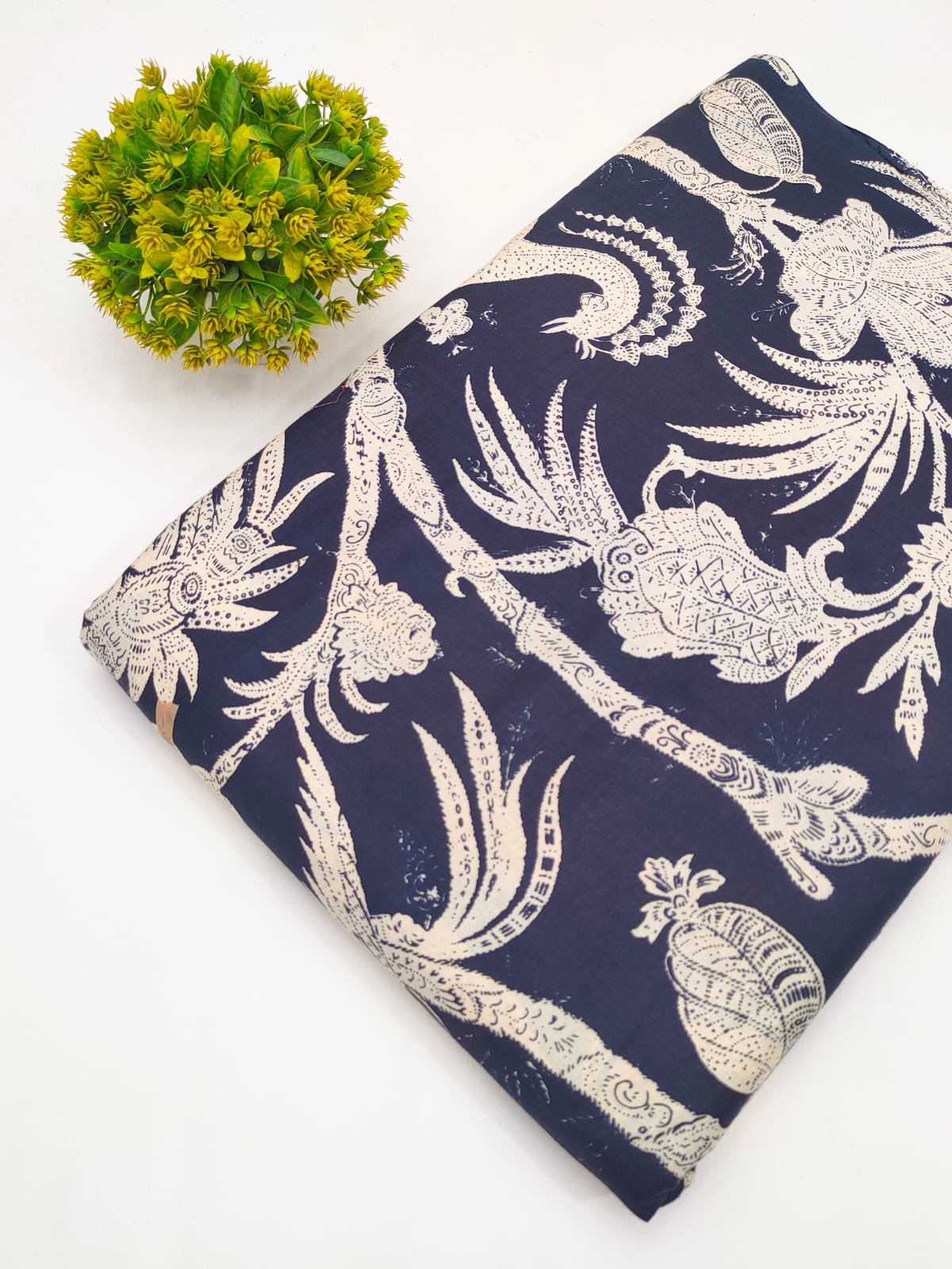 Navy Blue Tropical Bird Screen Print Pure Cotton Fabric