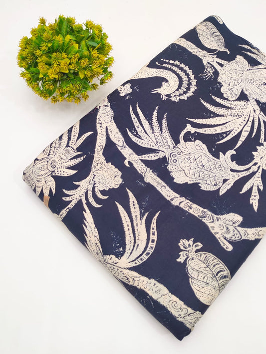Navy Blue Tropical Bird Screen Print Pure Cotton Fabric