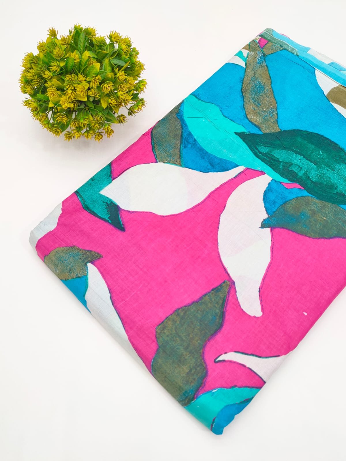 Bright Pink Leaf Pattern Screen Print Pure Cotton Fabric