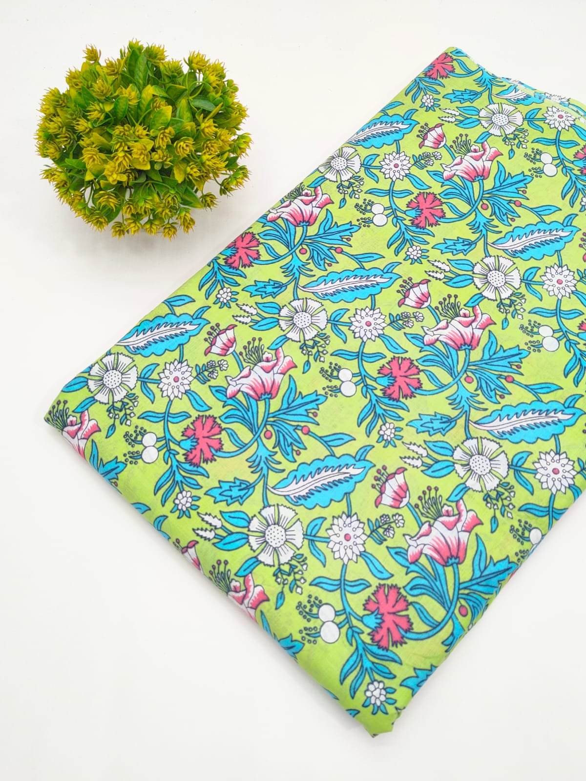 Green Floral Screen Print Pure Cotton Fabric
