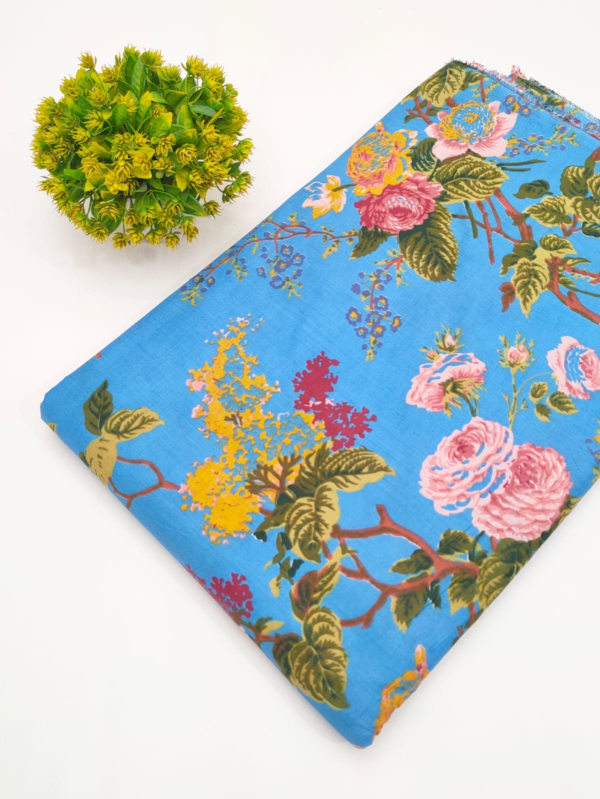 Sky Blue Floral Bouquet Screen Print Pure Cotton Fabric